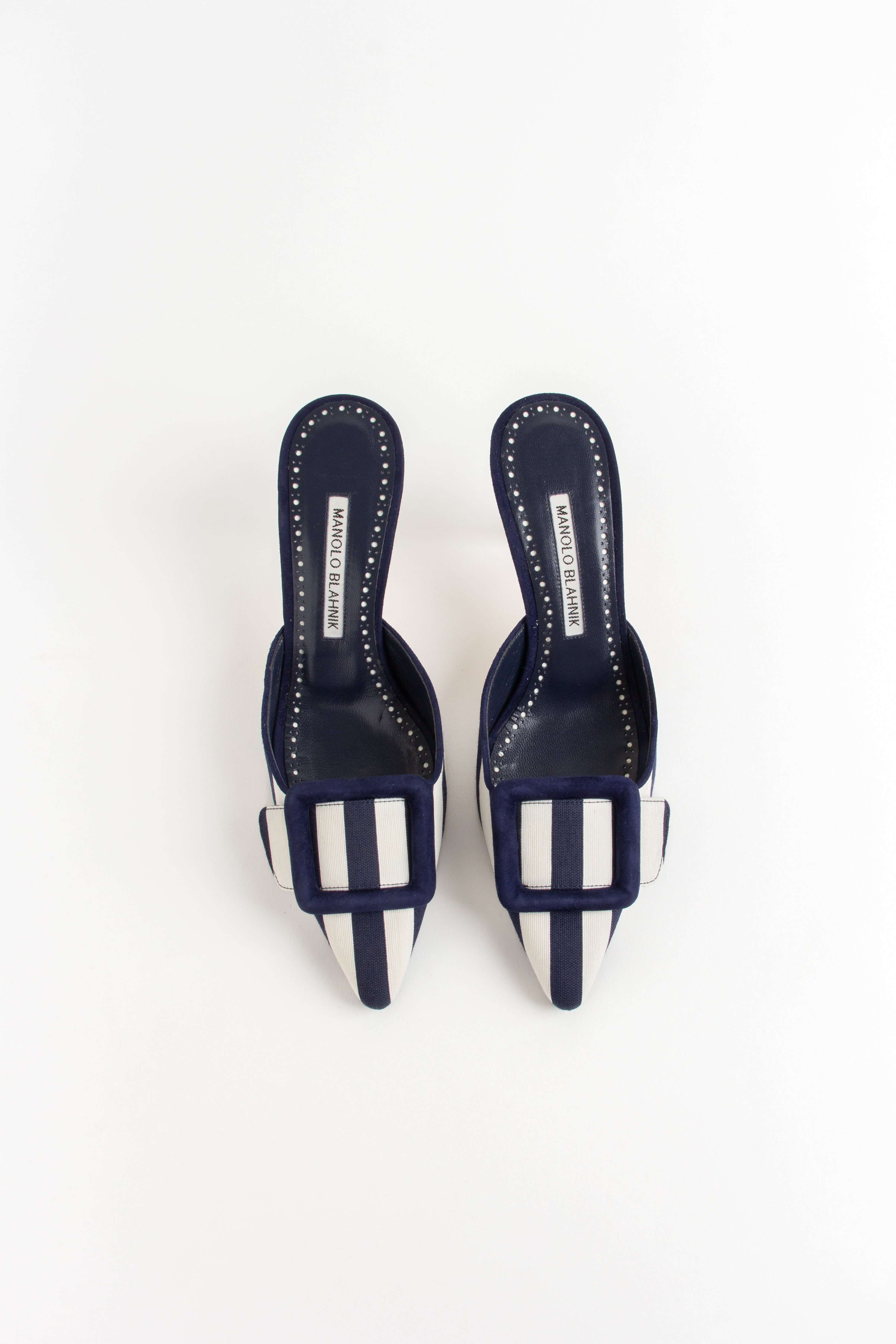 Manolo Blahnik Navy + White Striped Mules (IT 36.5)