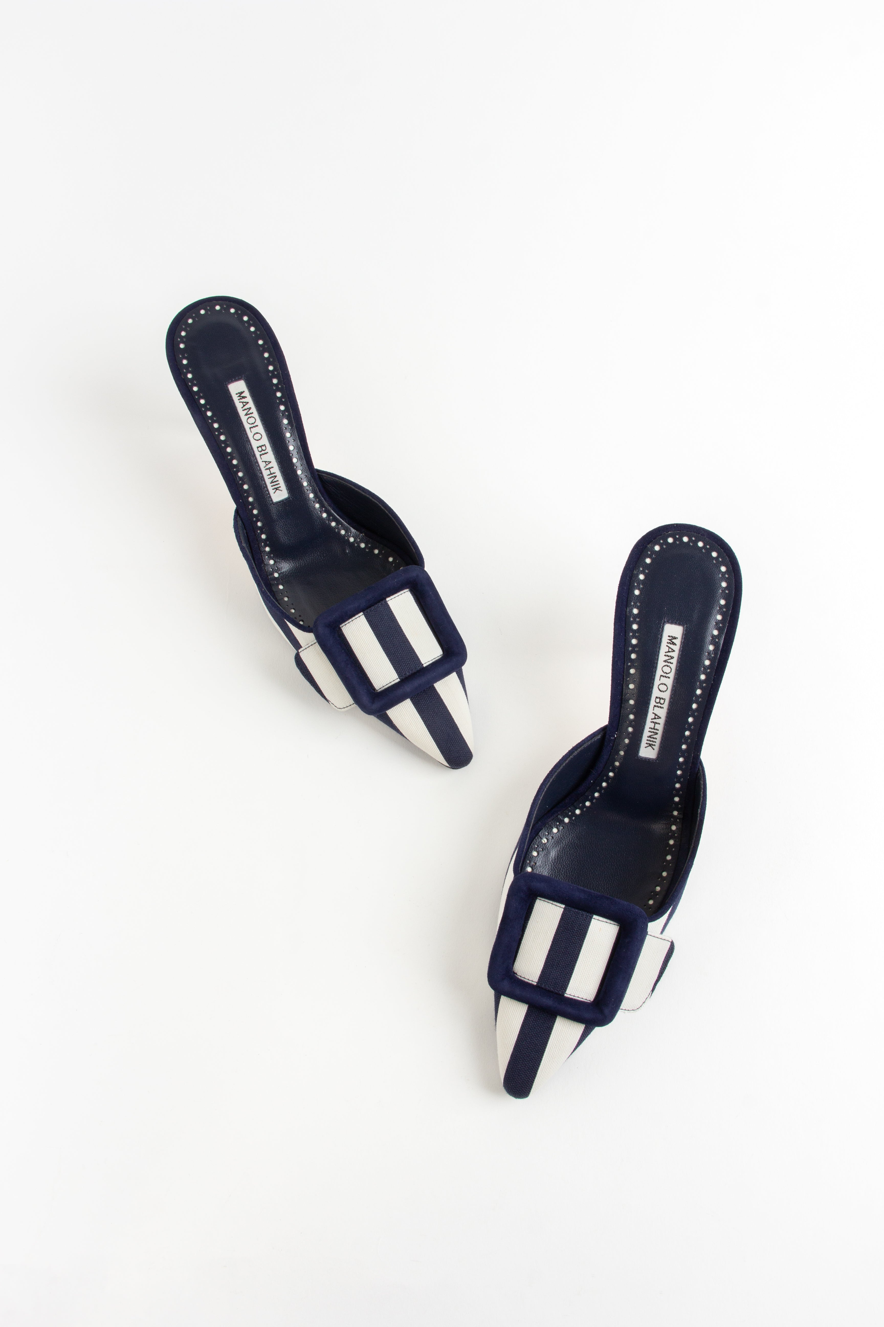Manolo Blahnik Navy + White Striped Mules (IT 36.5)