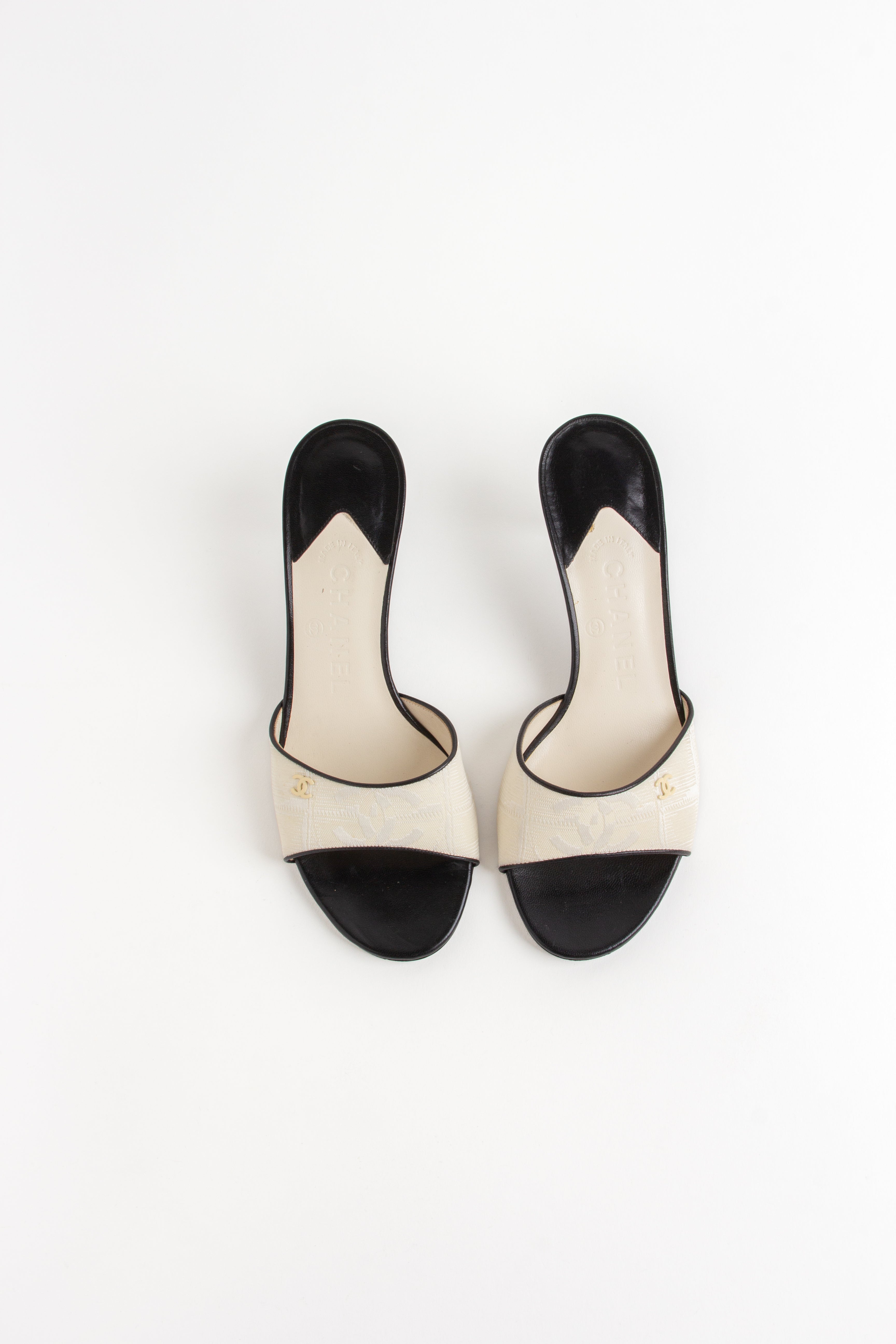Chanel Ivory + Black CC Open Toe Heels (IT 36.5)