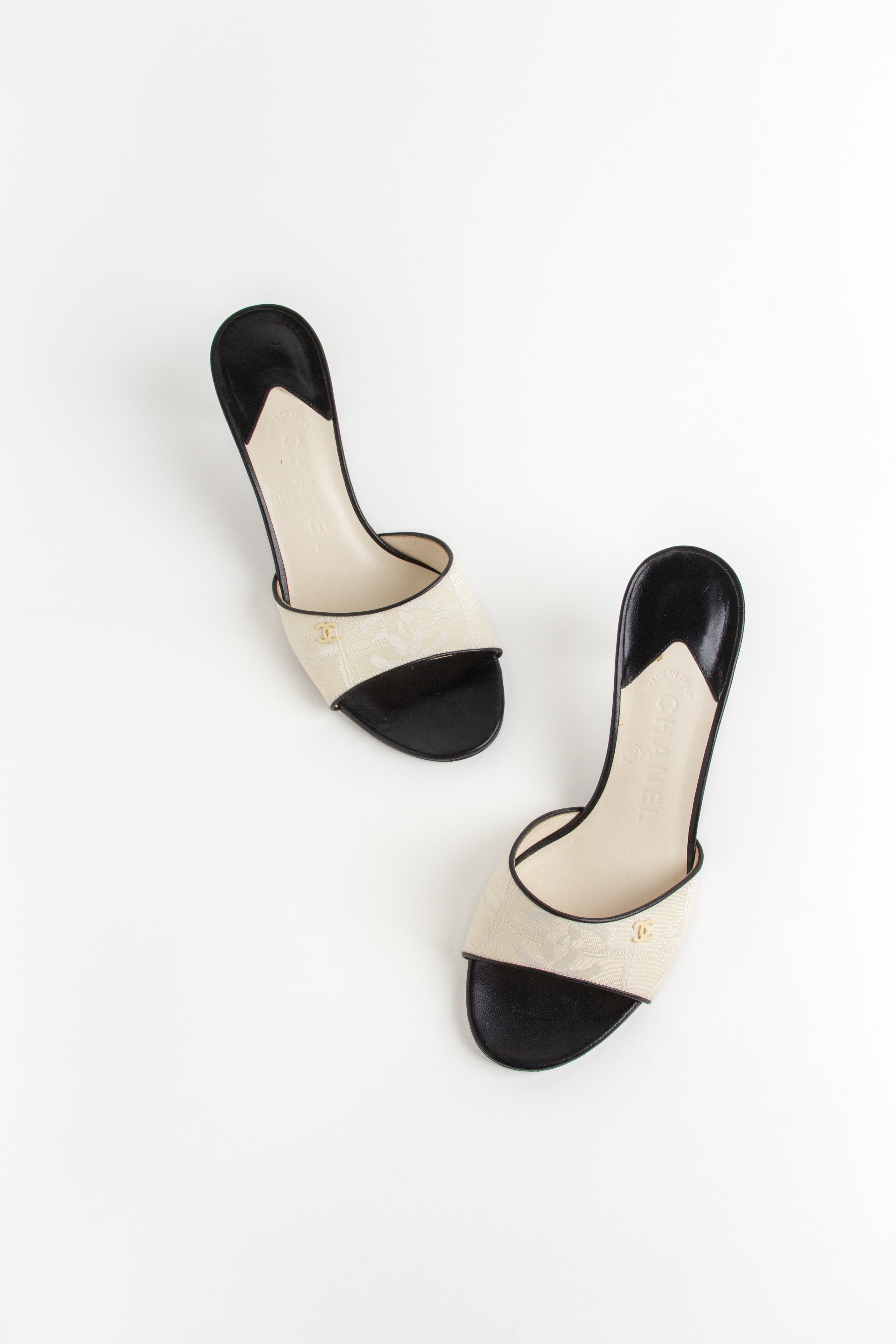 Chanel Ivory + Black CC Open Toe Heels (IT 36.5)