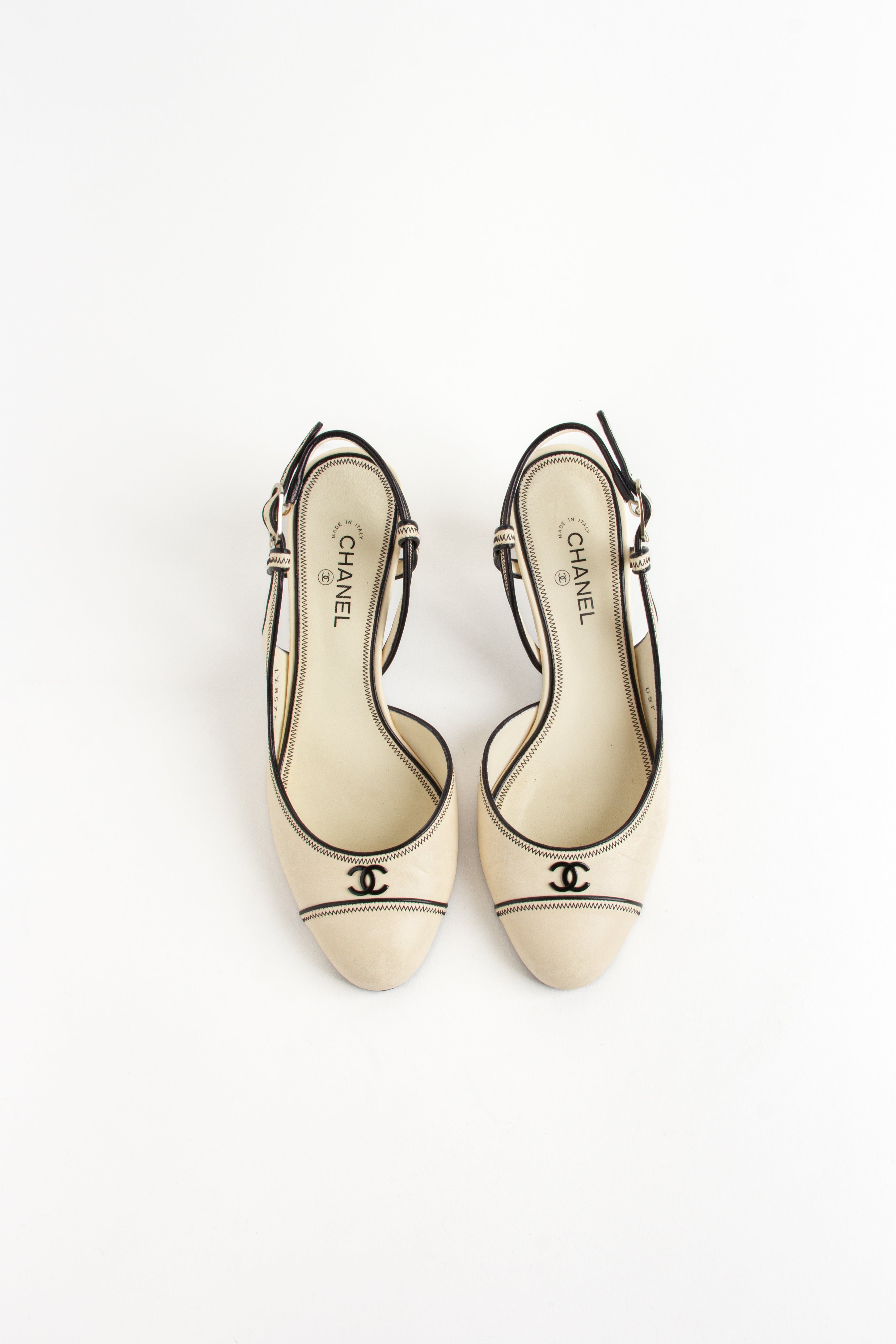 Rare Chanel Ivory + Black CC Slingback Heels (IT 36)