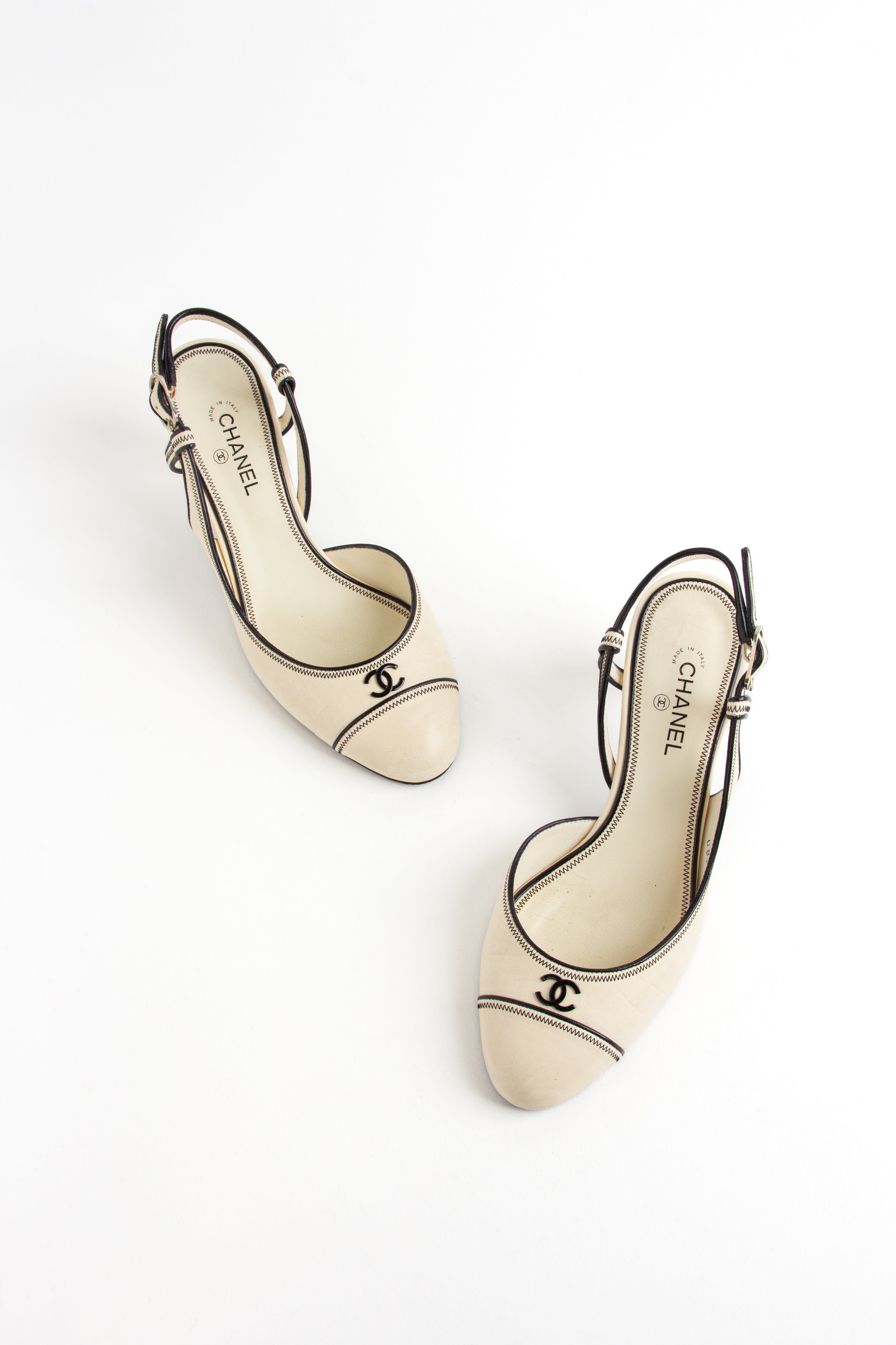 Rare Chanel Ivory + Black CC Slingback Heels (IT 36)