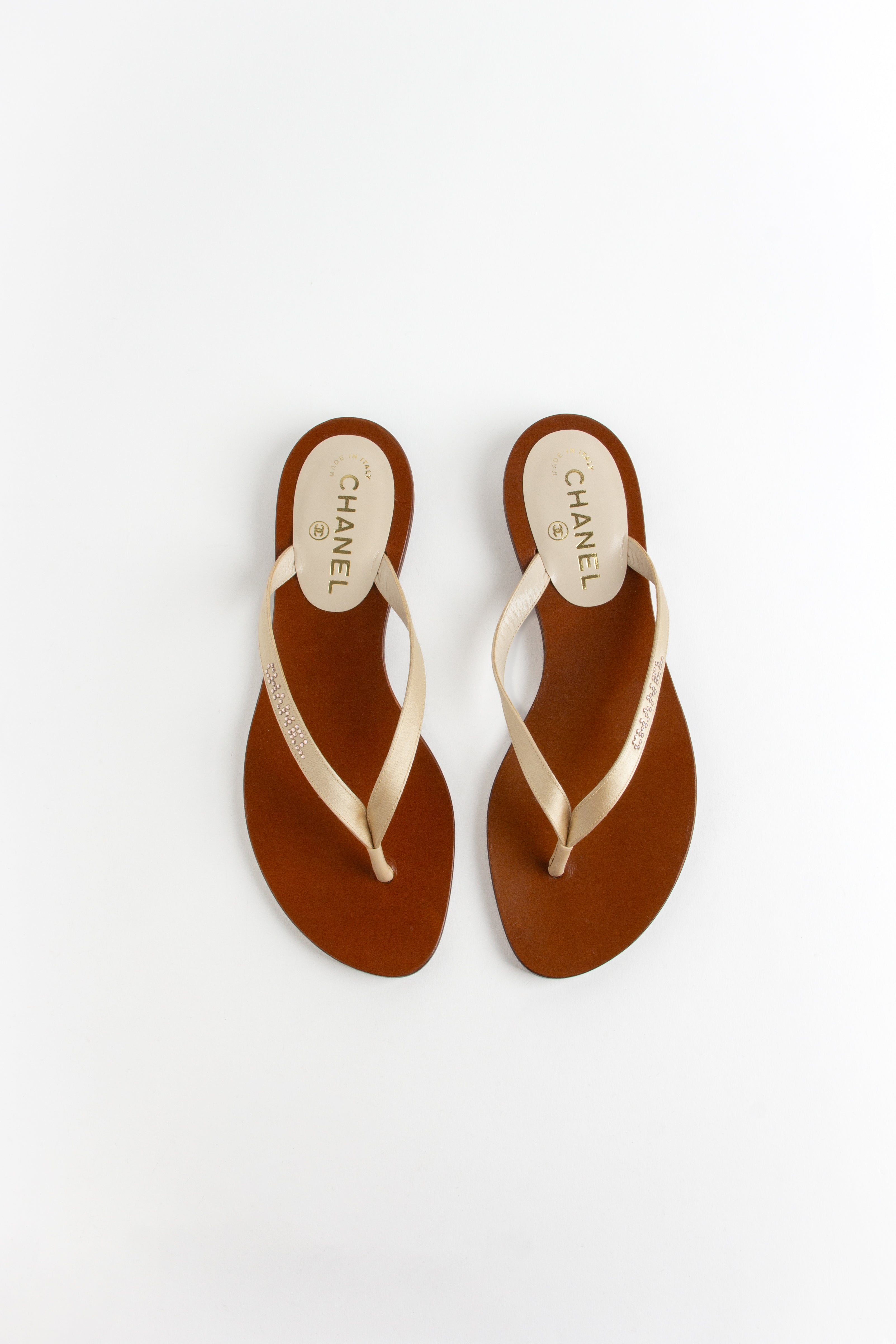 Chanel Beige Satin Rhinestone Flip Flops (IT 37.5)