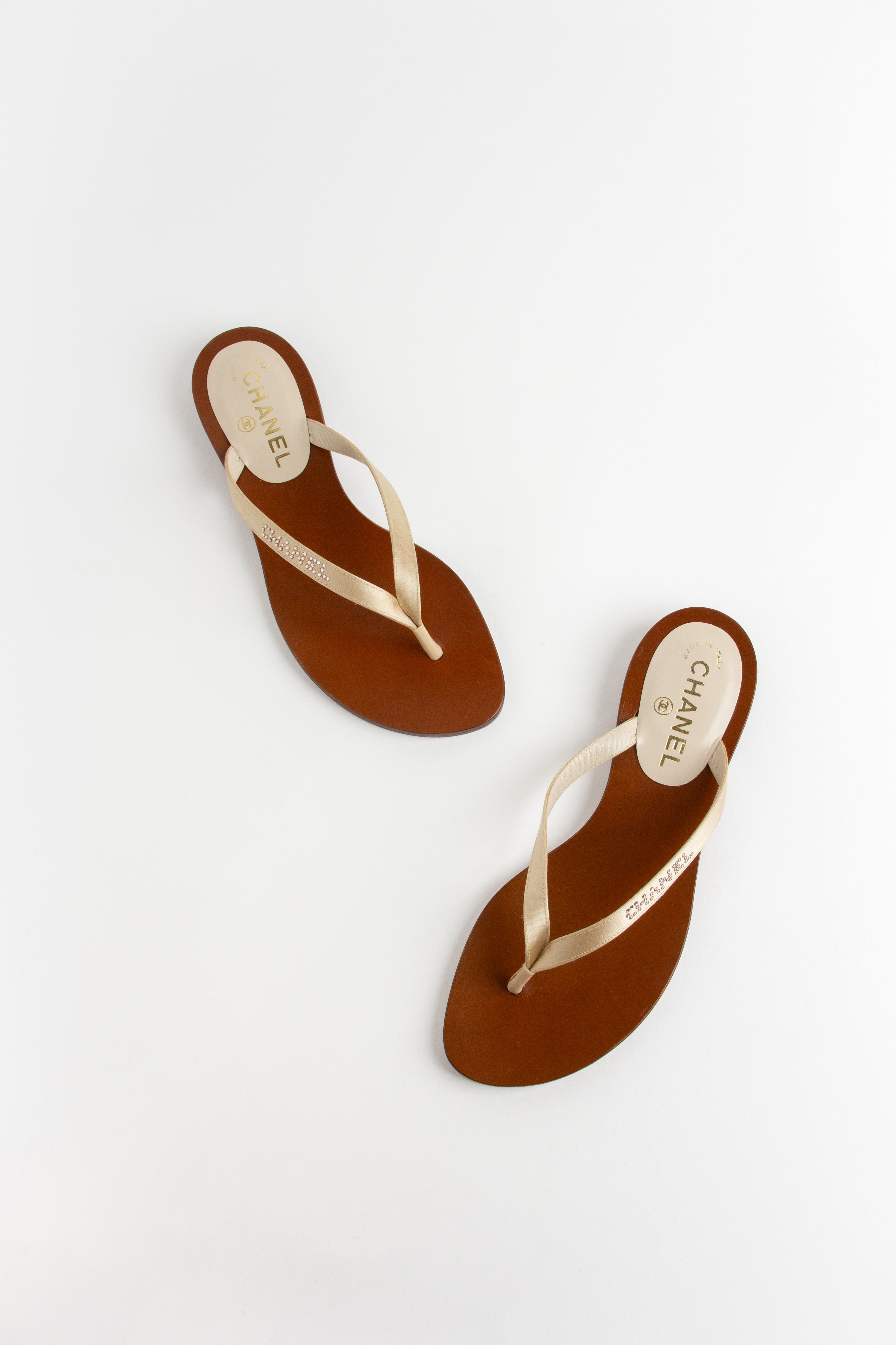 Chanel Beige Satin Rhinestone Flip Flops (IT 37.5)