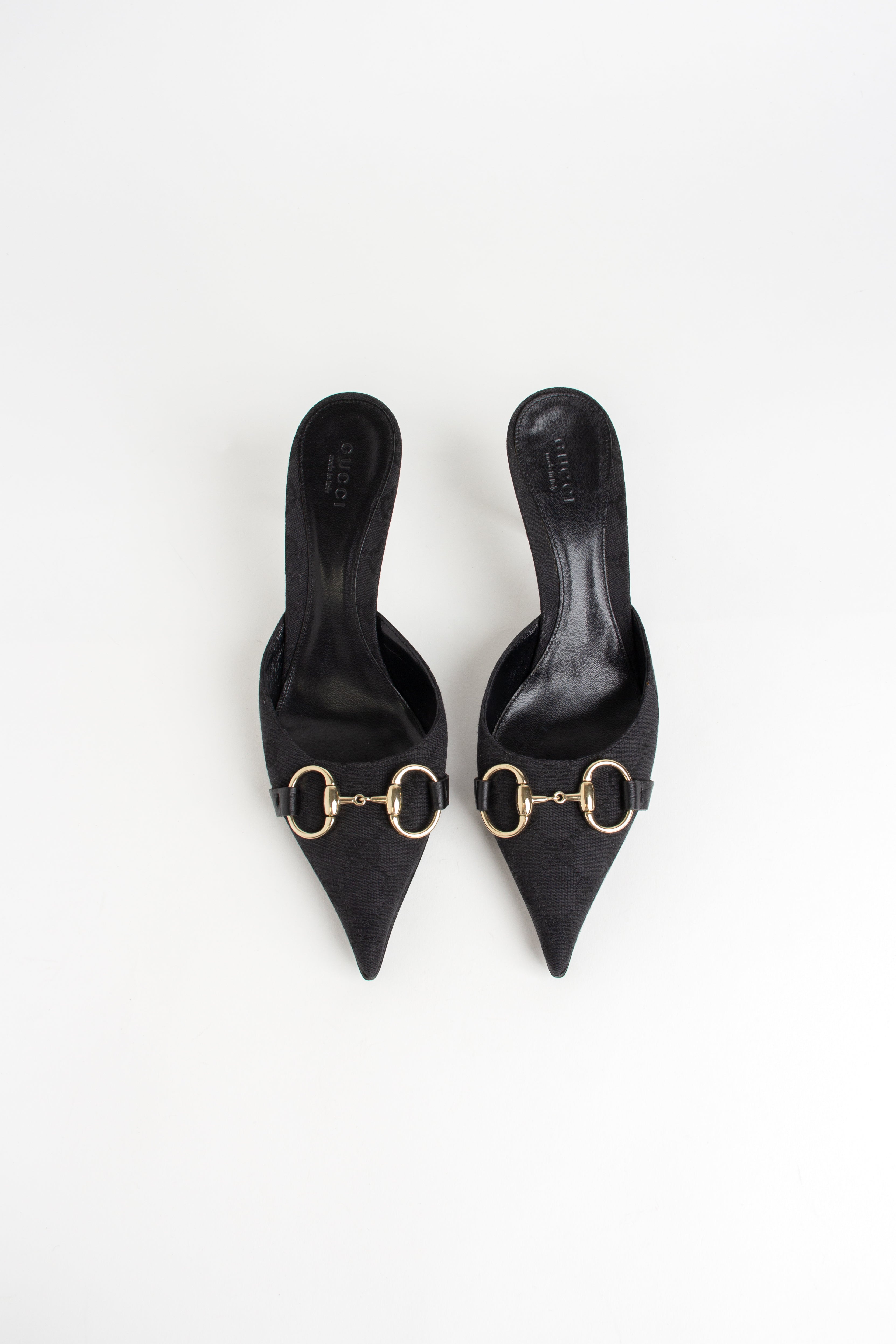 Gucci Black Canvas Monogram Horsebit Mules (IT 36)