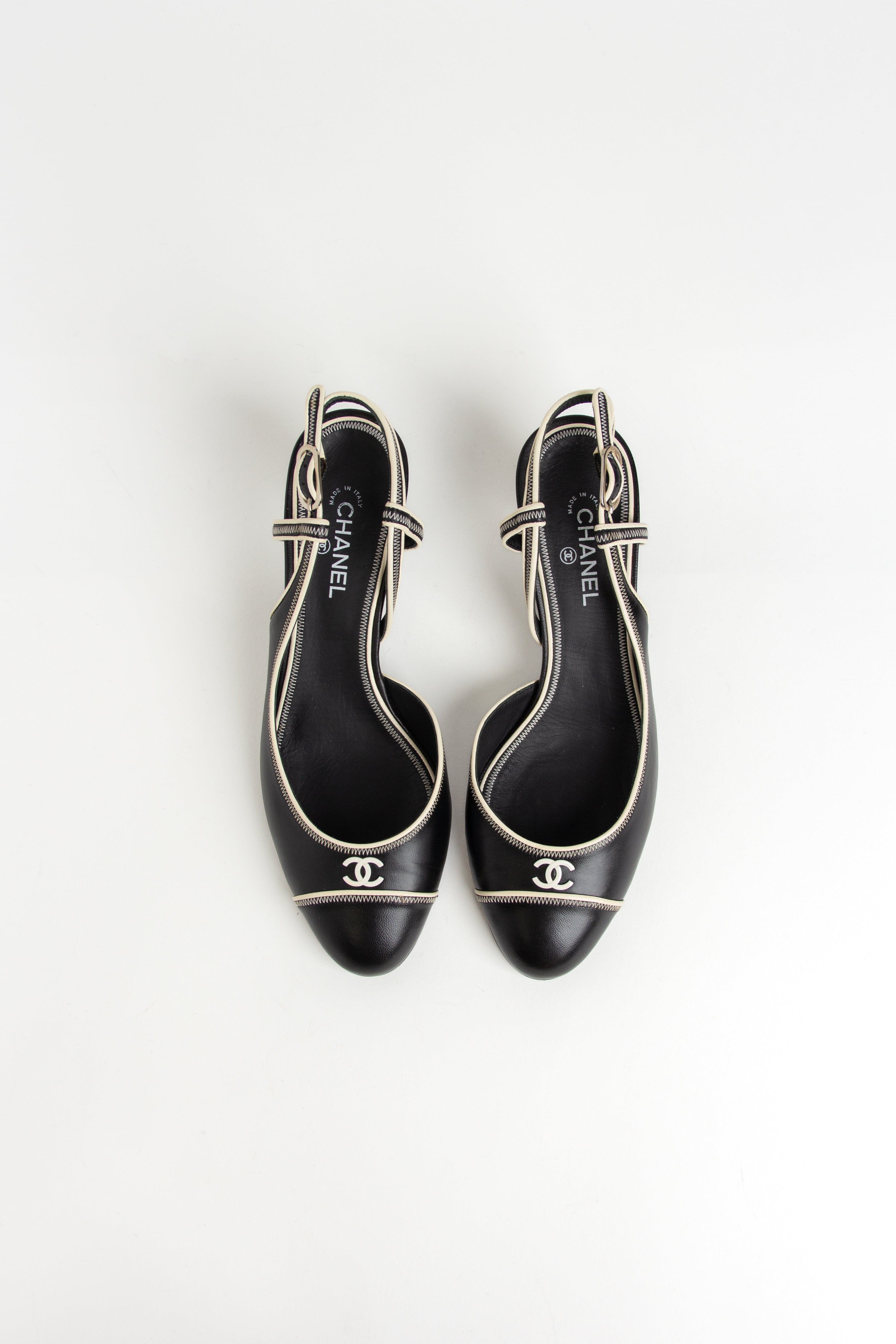 Rare Chanel Black + White CC Slingback Heels (IT 36.5)