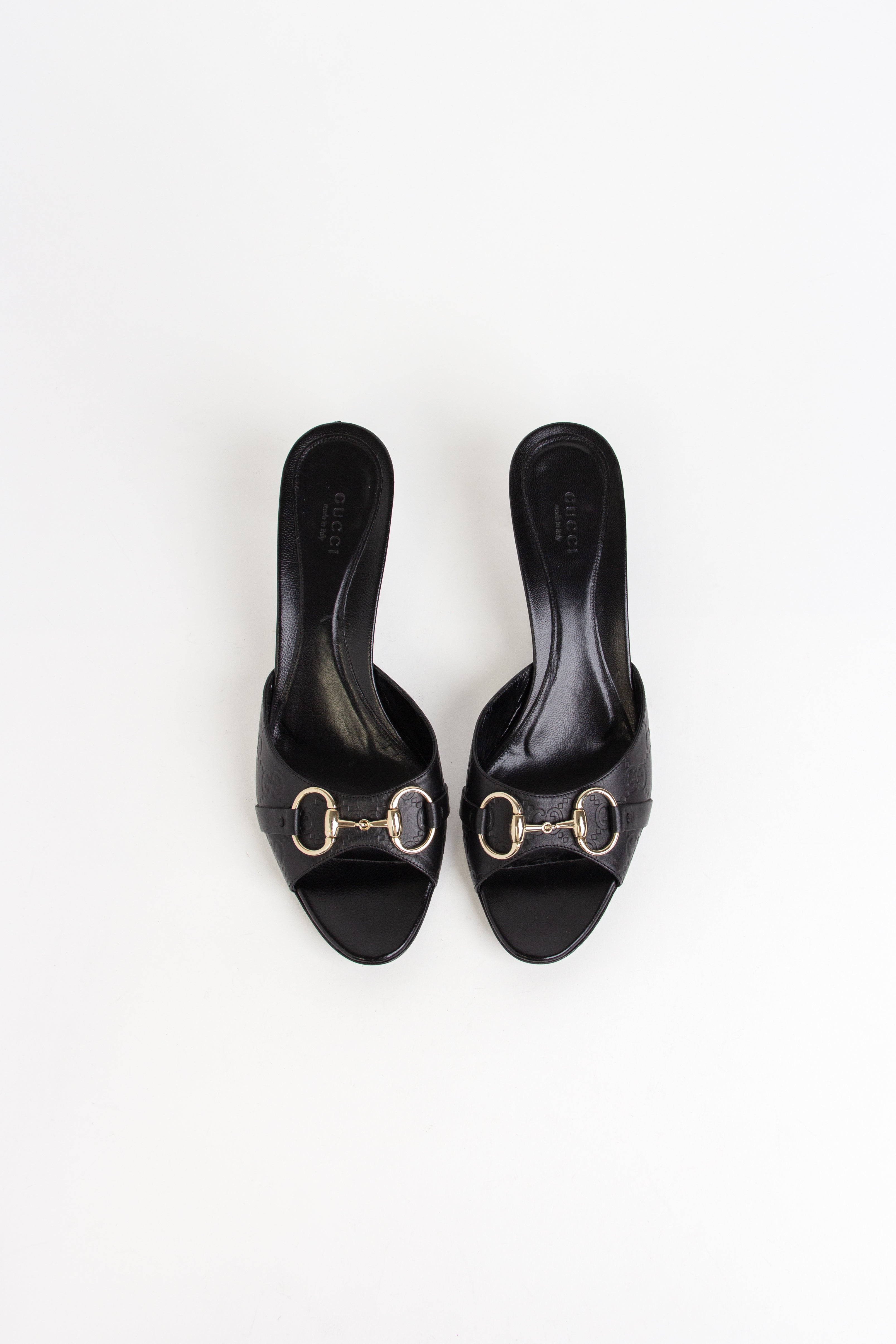 Gucci Black Leather Monogram Horsebit Open Toe Heels (US 9)