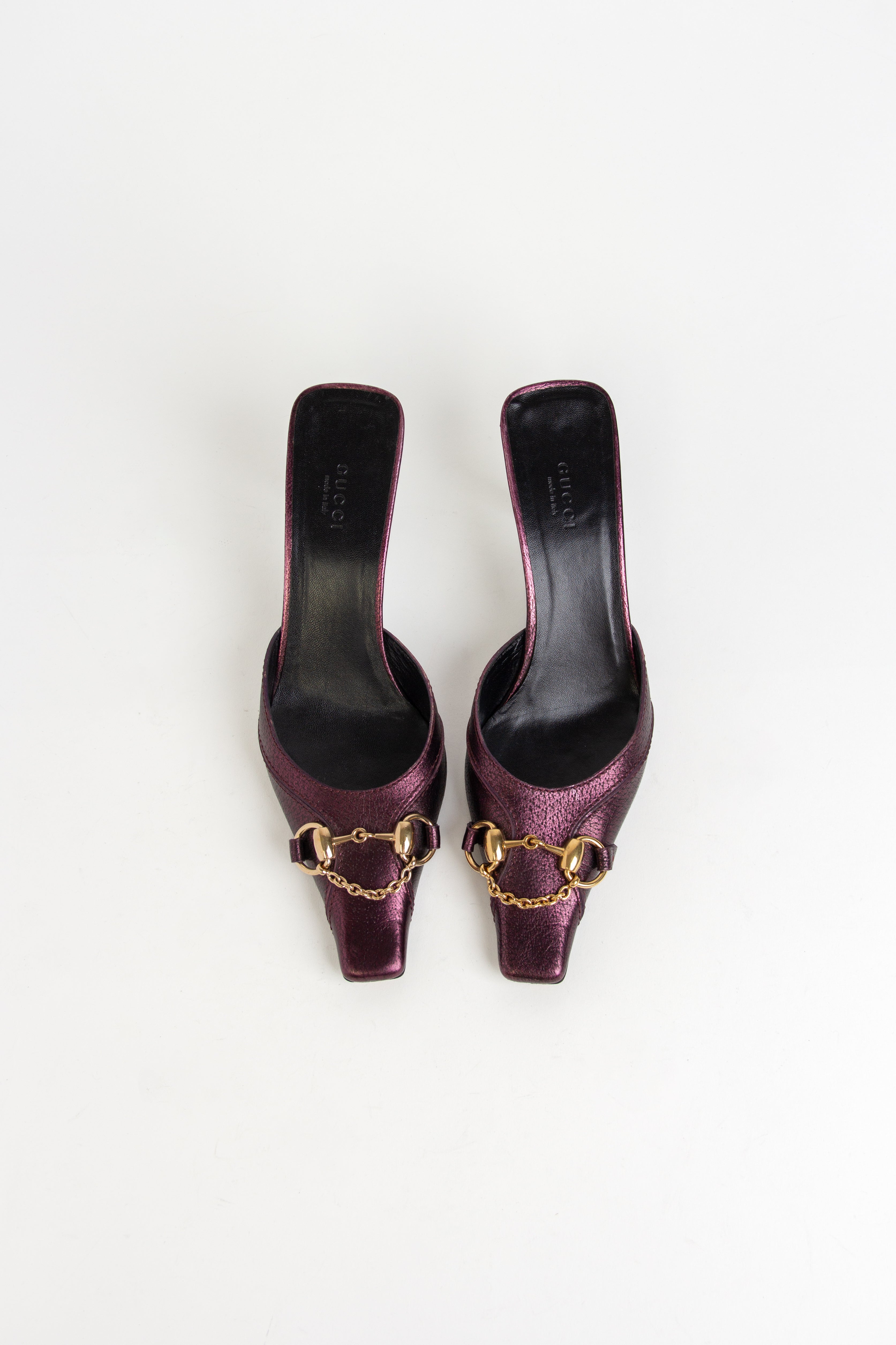 Gucci Purple + Gold Metallic Horsebit Chain Mules (US 7.5)