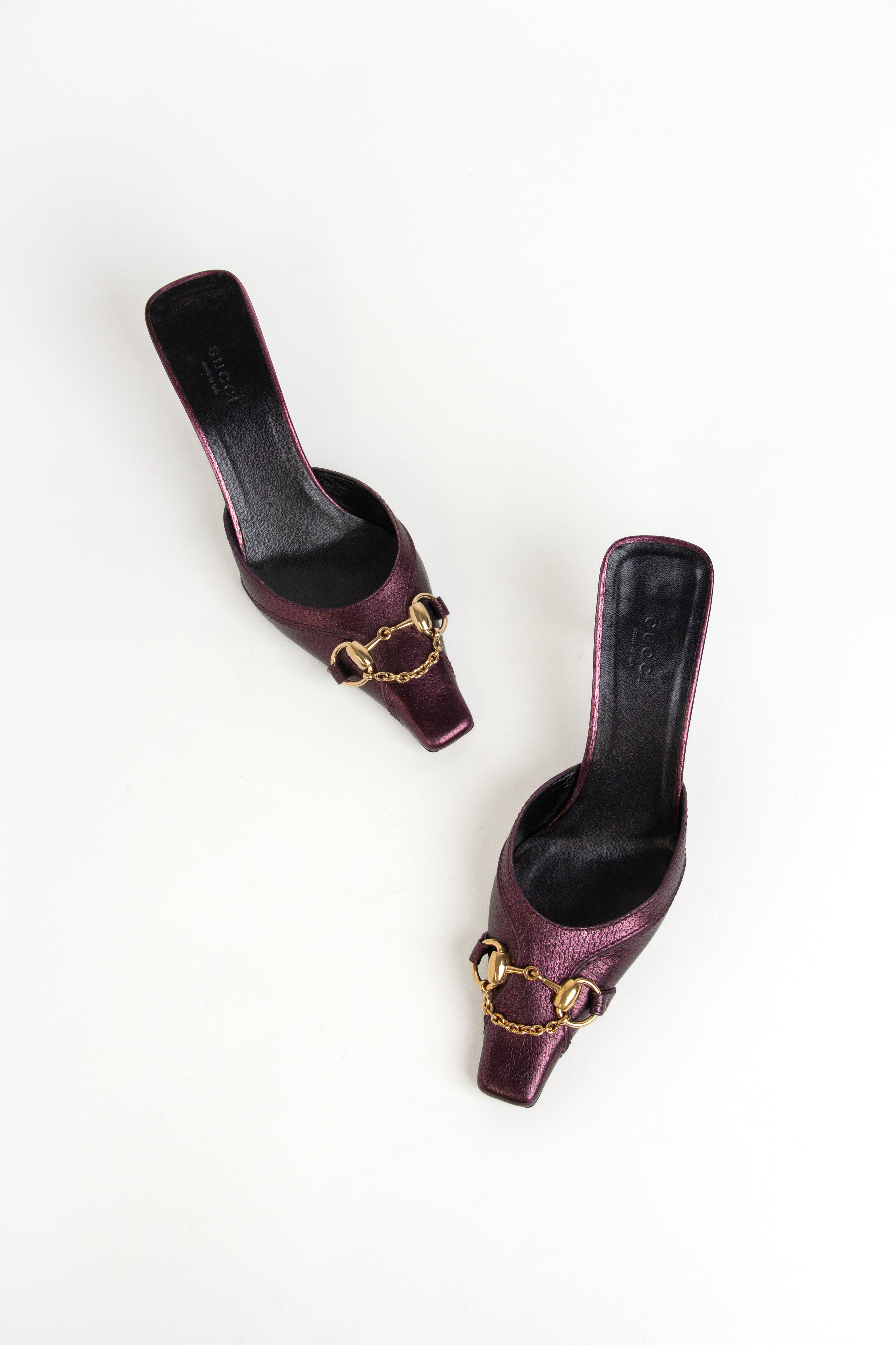 Gucci Purple + Gold Metallic Horsebit Chain Mules (US 7.5)