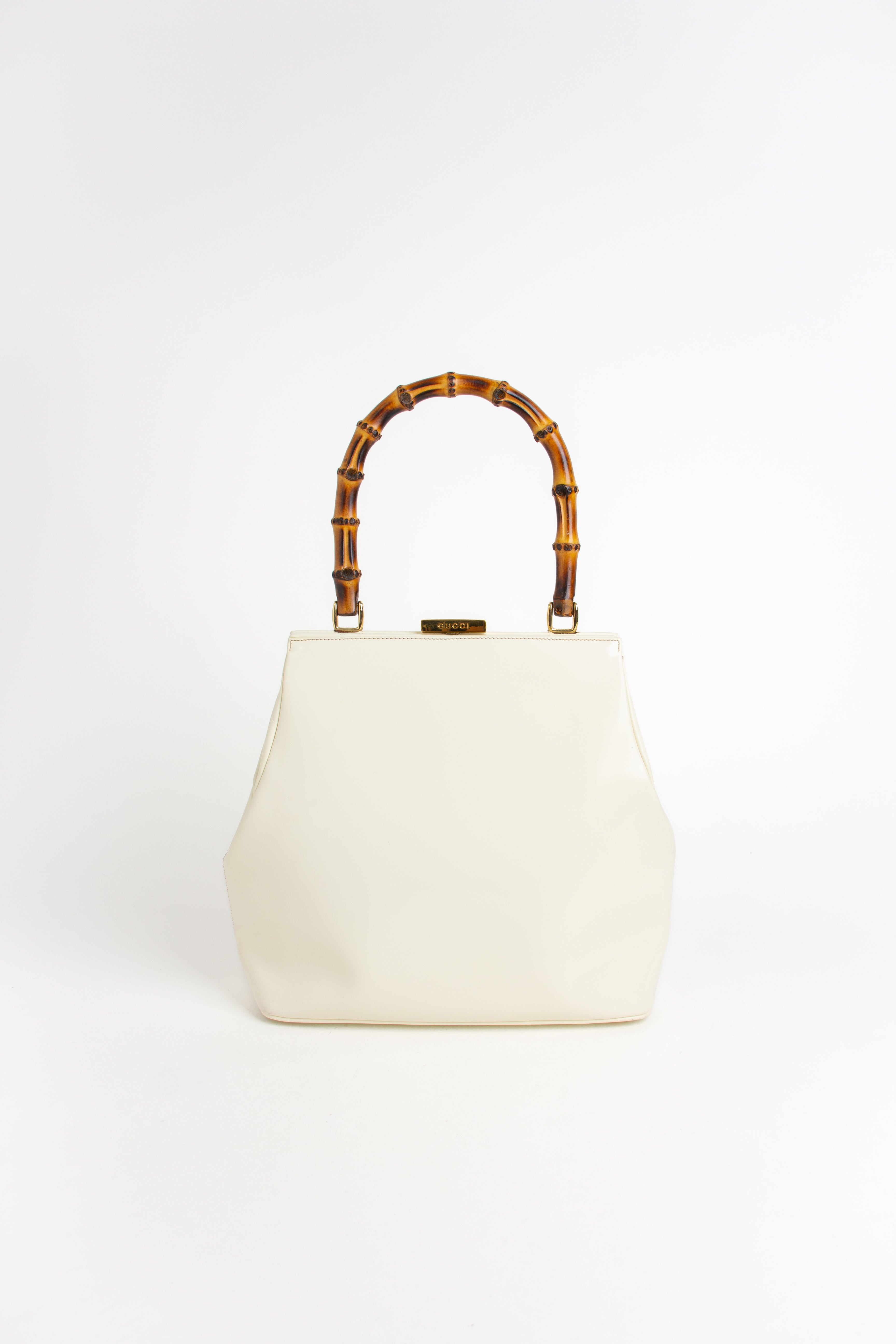 Gucci Vintage Ivory Patent Bamboo Handle Bag