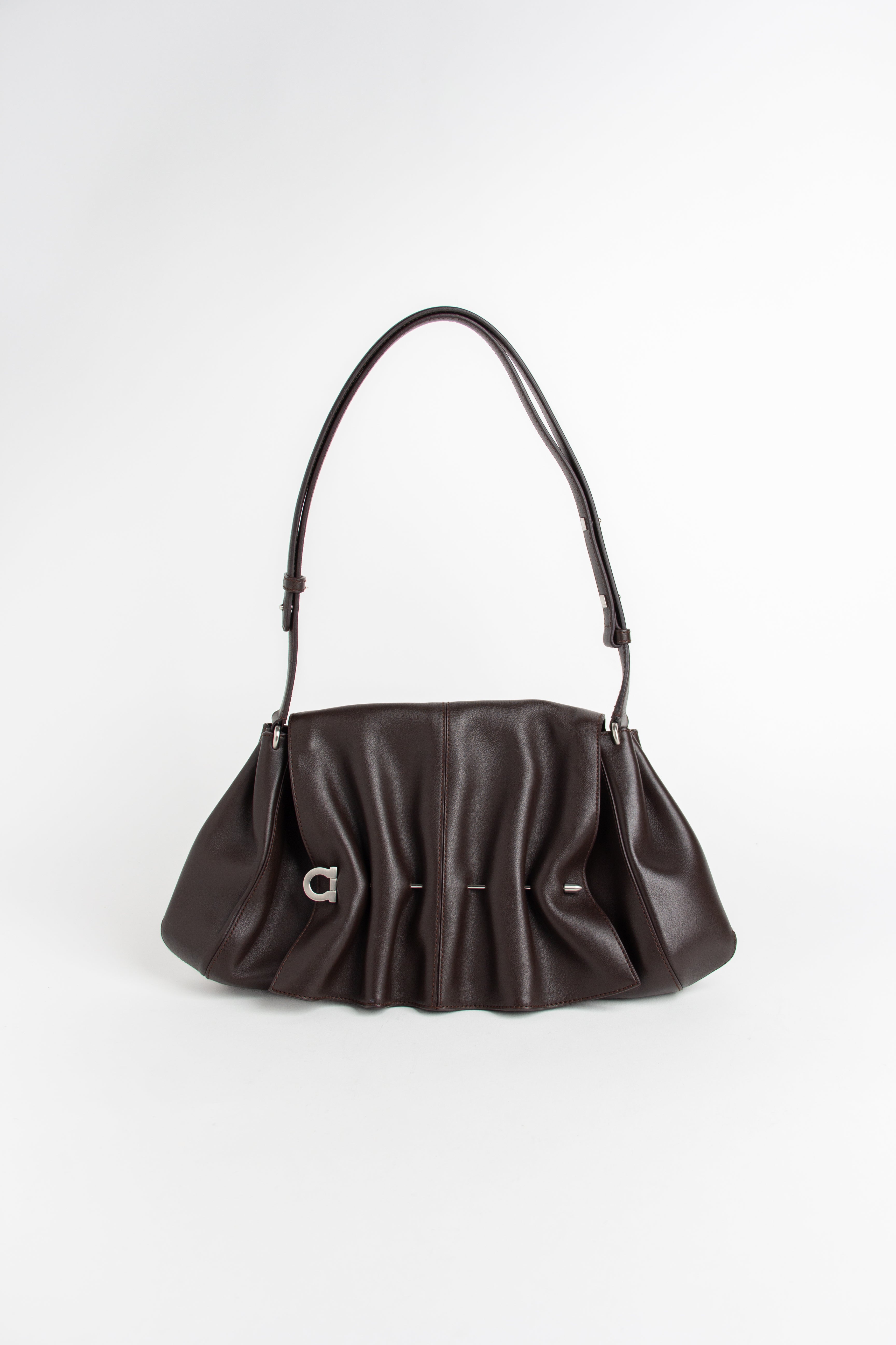 Salvatore Ferragamo Brown + Silver Gancini Shoulder Bag