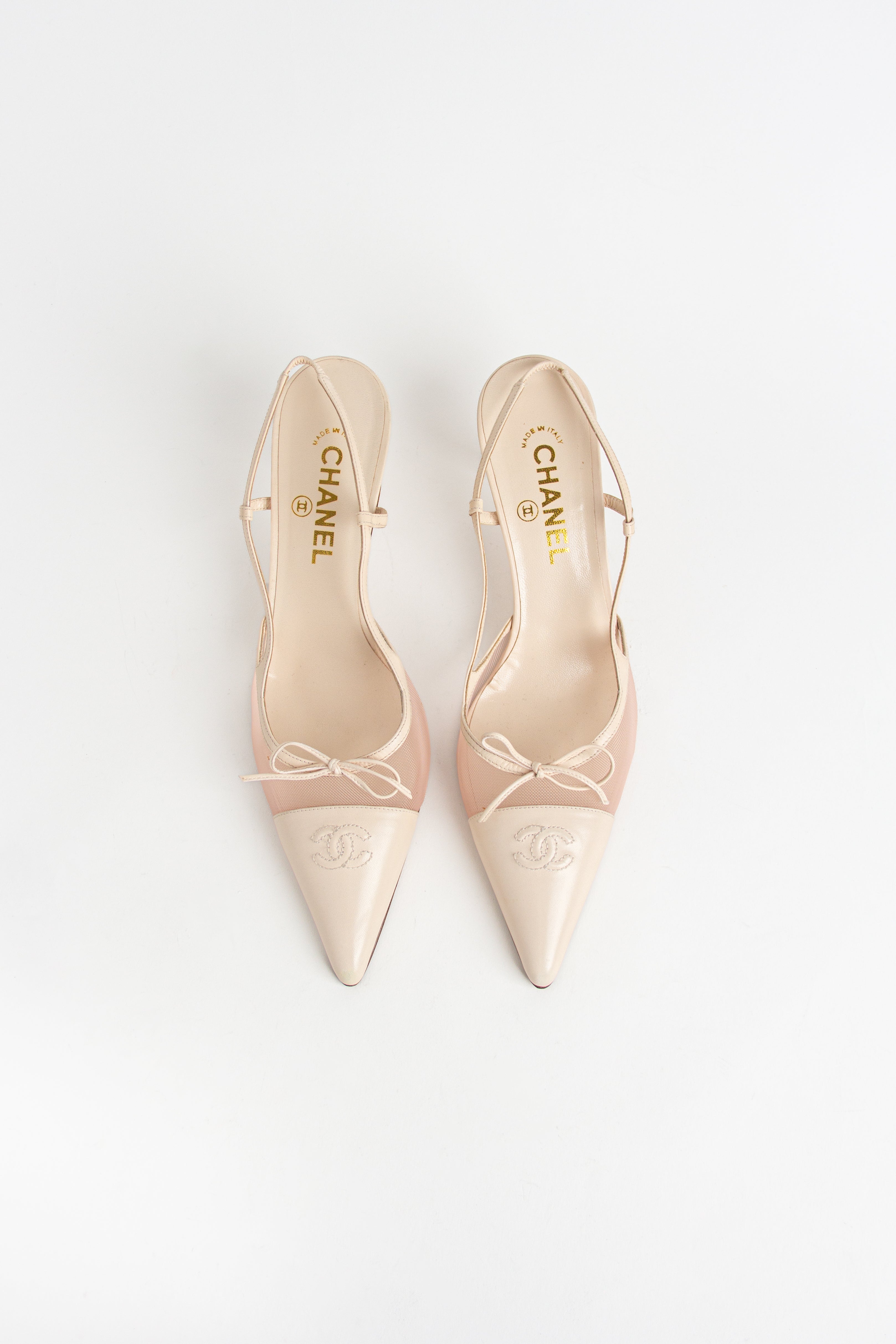 Rare Chanel Ivory Mesh Bow Slingback Heels (IT 42)