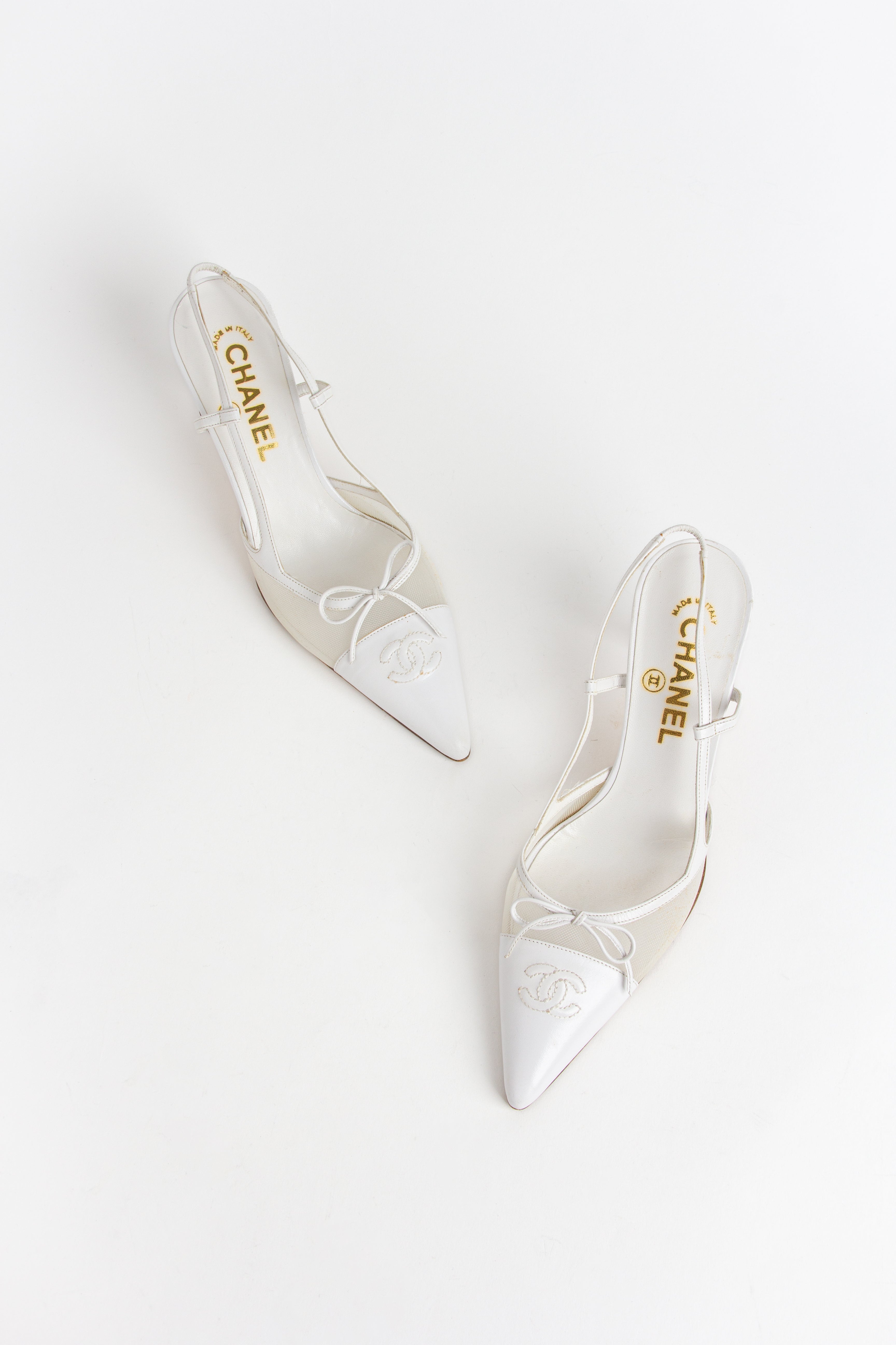 Rare Chanel White Mesh Bow Slingback Heels (IT 37)