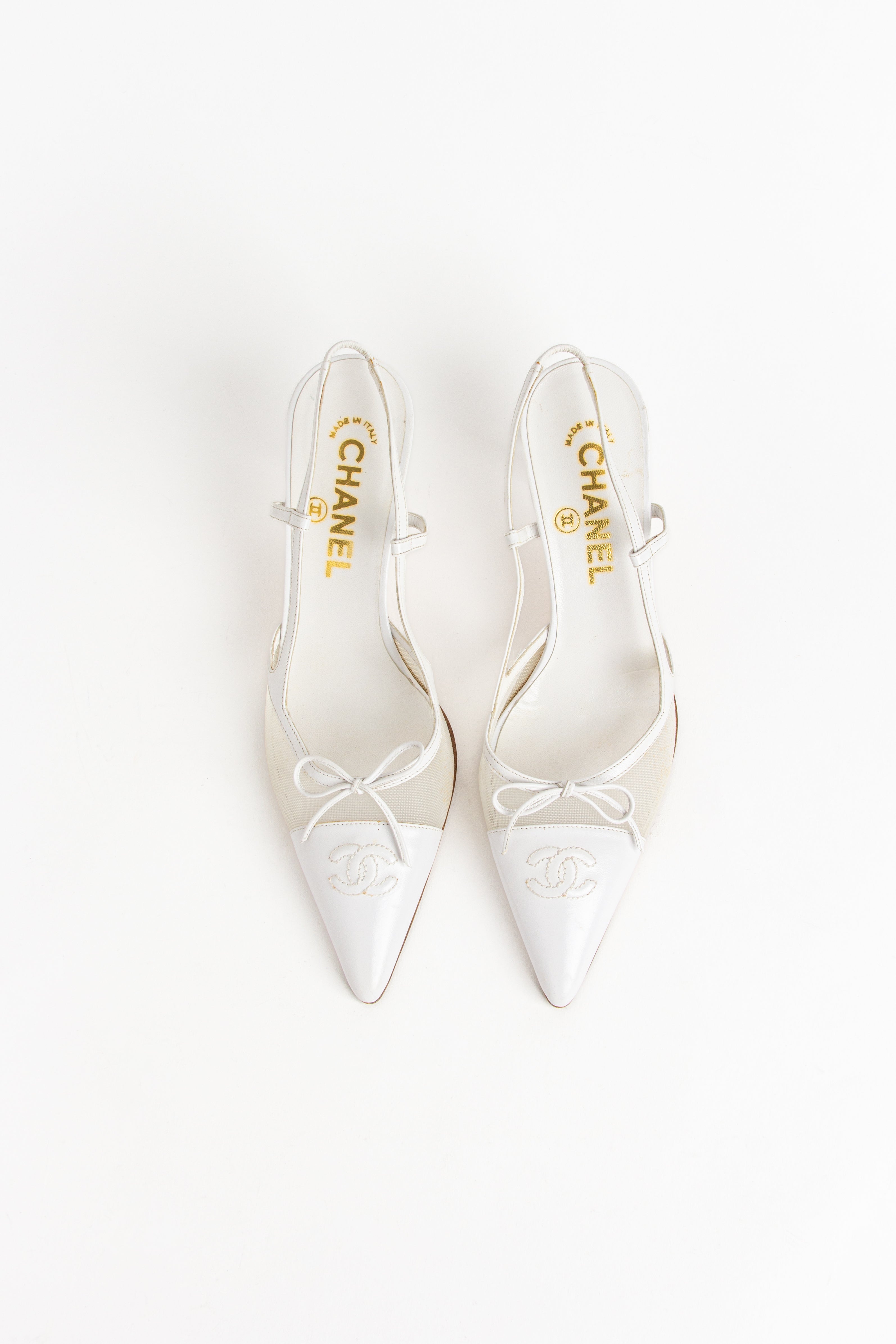 Rare Chanel White Mesh Bow Slingback Heels (IT 37)