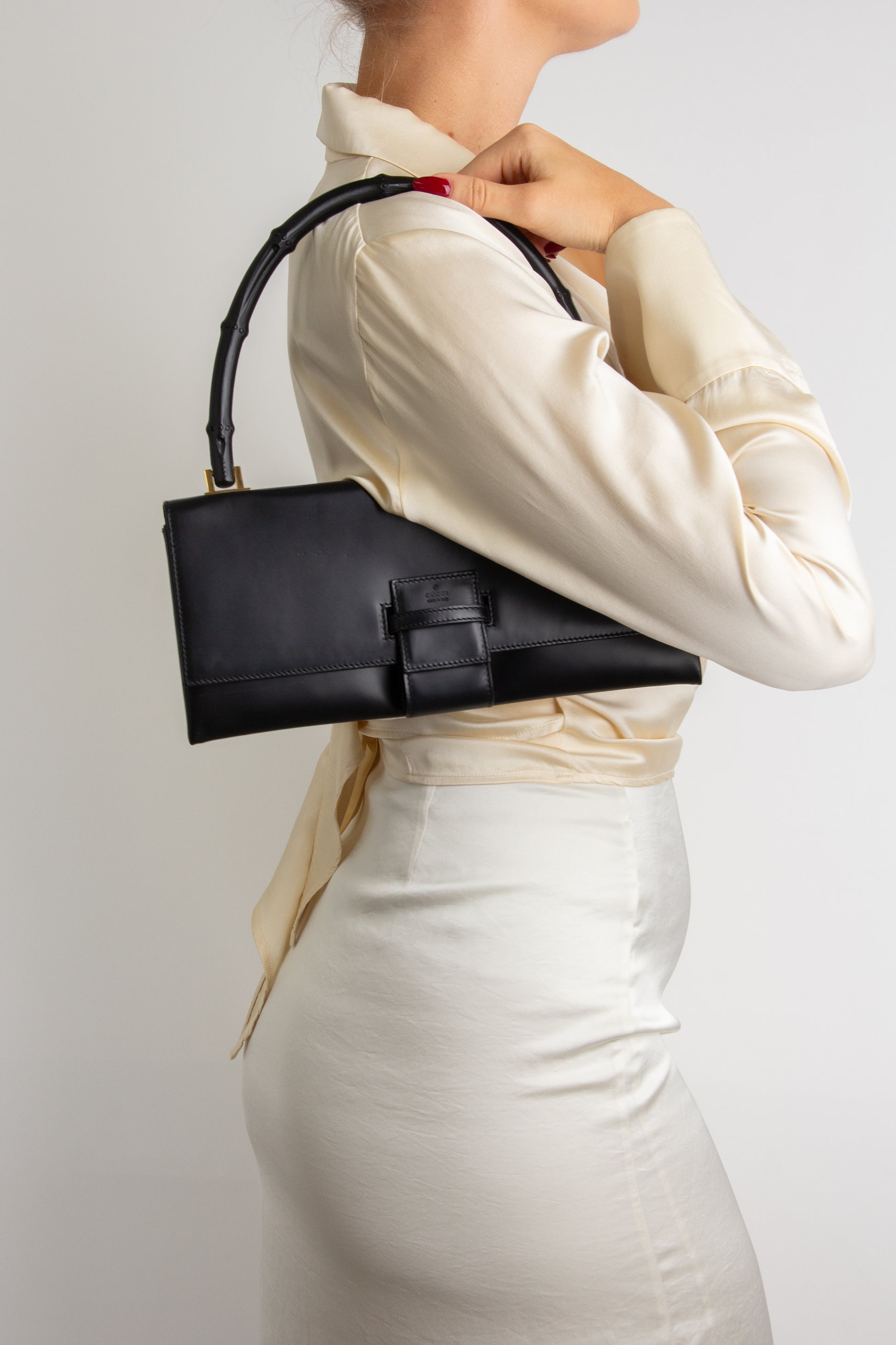 Gucci Black Leather Bamboo Handle Bag