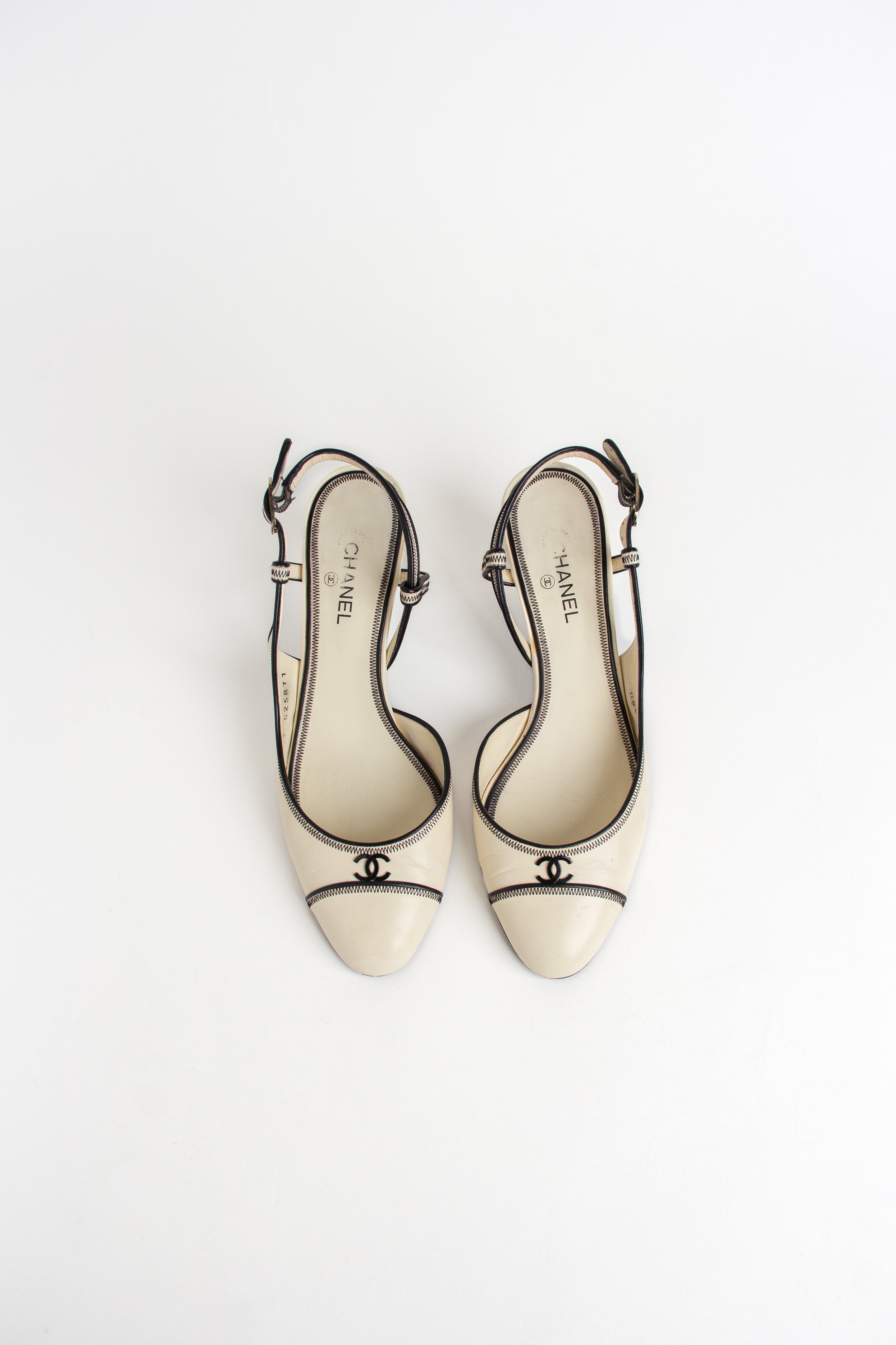 Rare Chanel Ivory + Black CC Slingback Heels (IT 37.5)