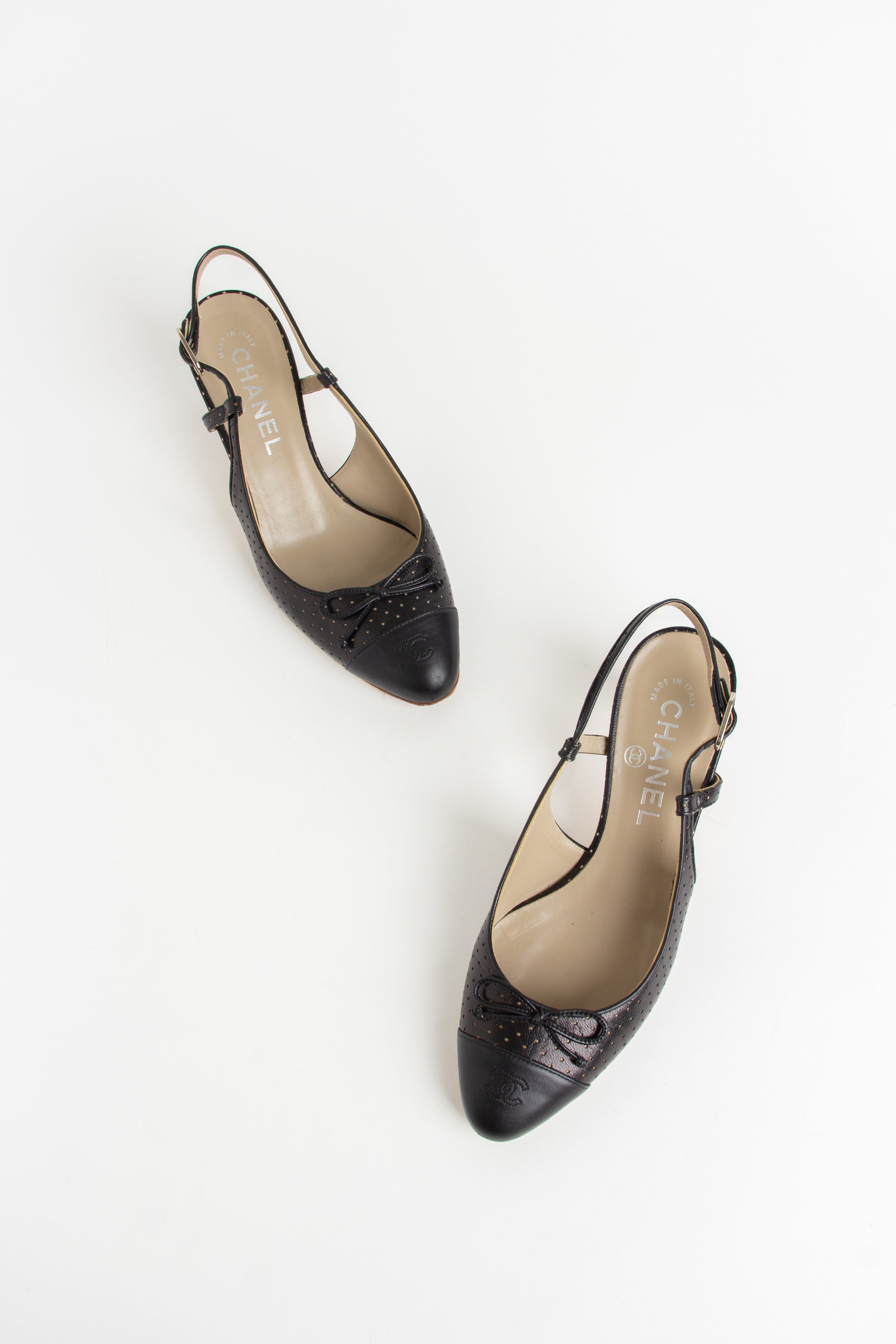 Chanel Black CC Bow Perforated Slingback Heels (IT 36.5)