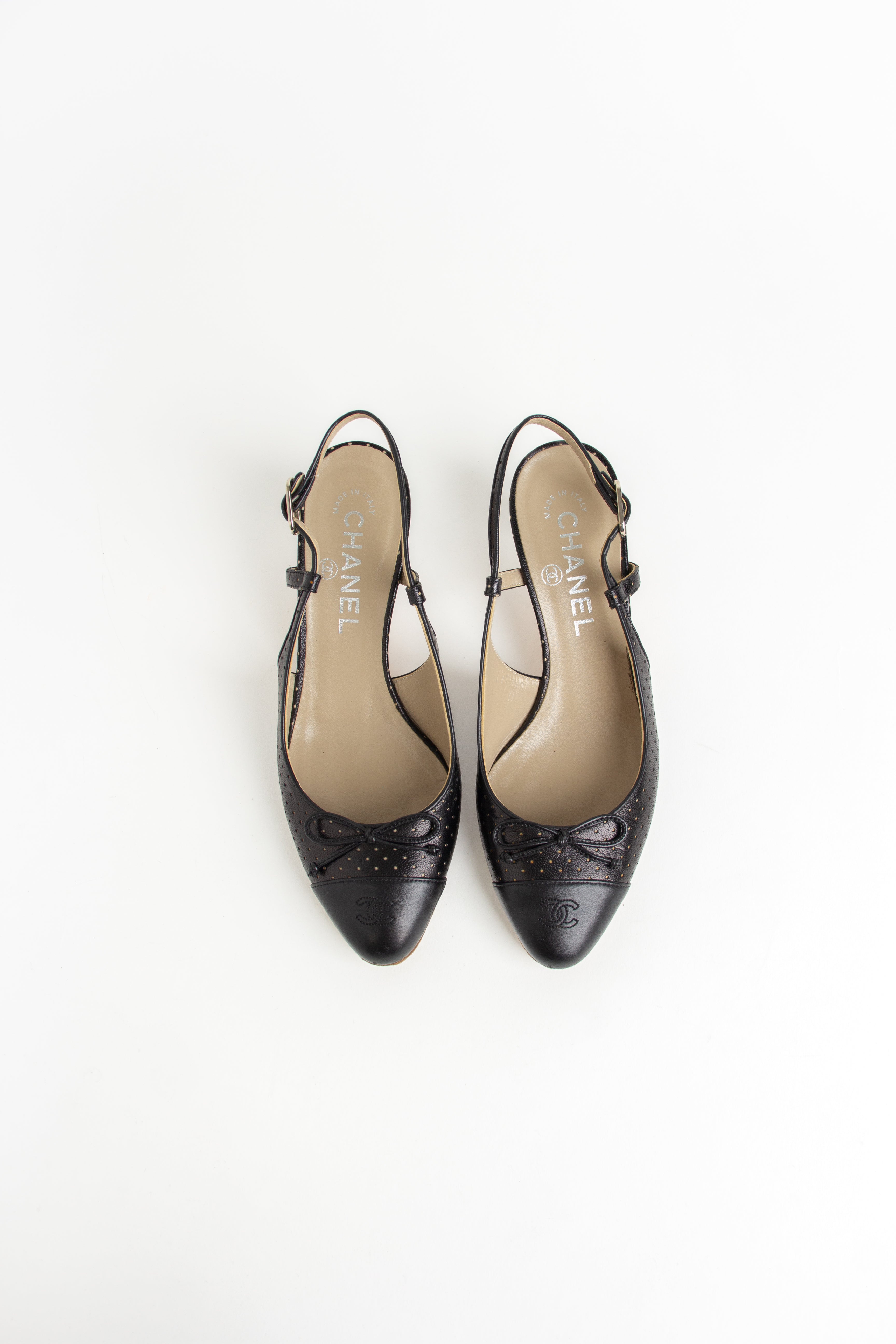 Chanel Black CC Bow Perforated Slingback Heels (IT 36.5)