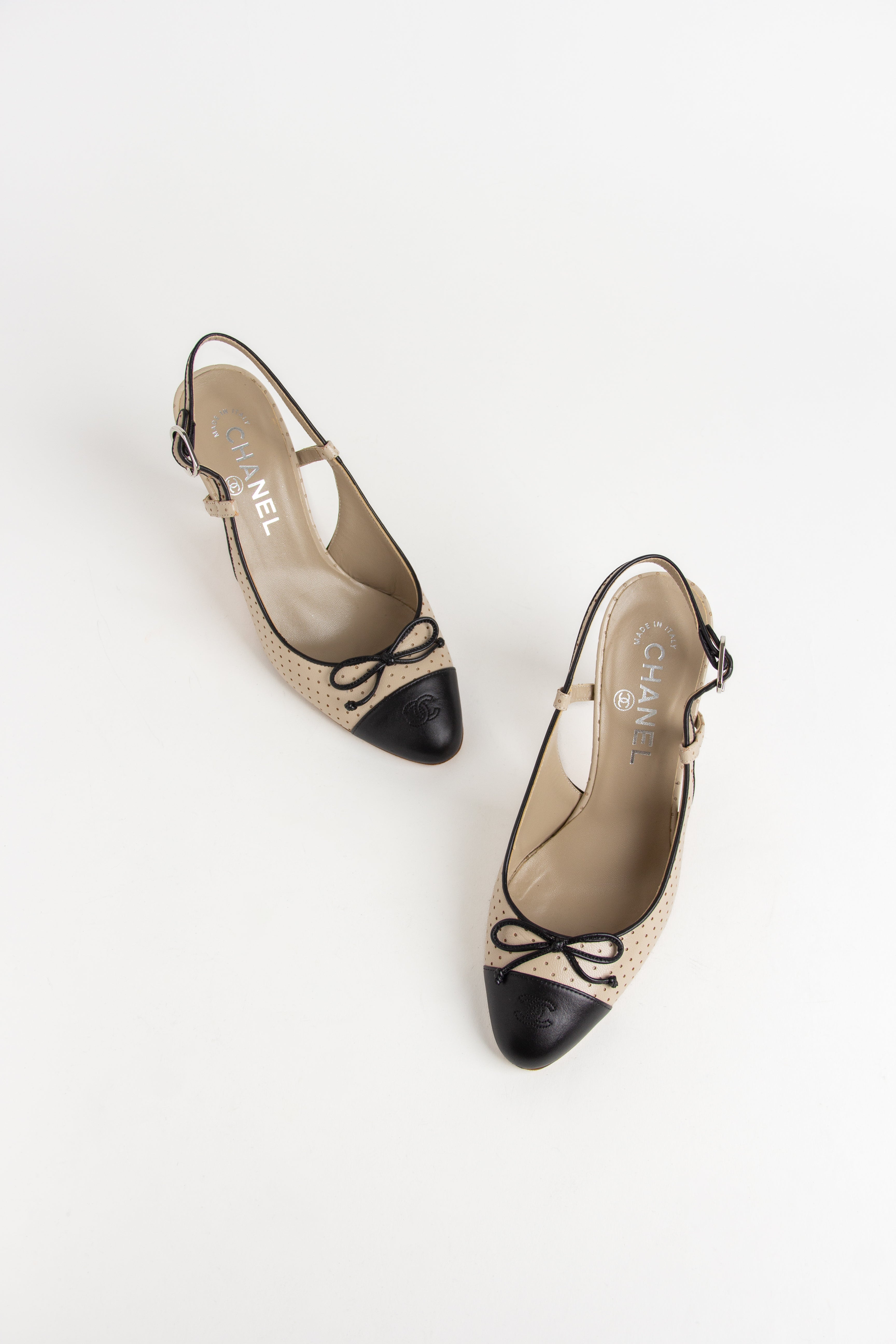 Chanel Beige + Black CC Bow Perforated Slingback Heels (IT 36)
