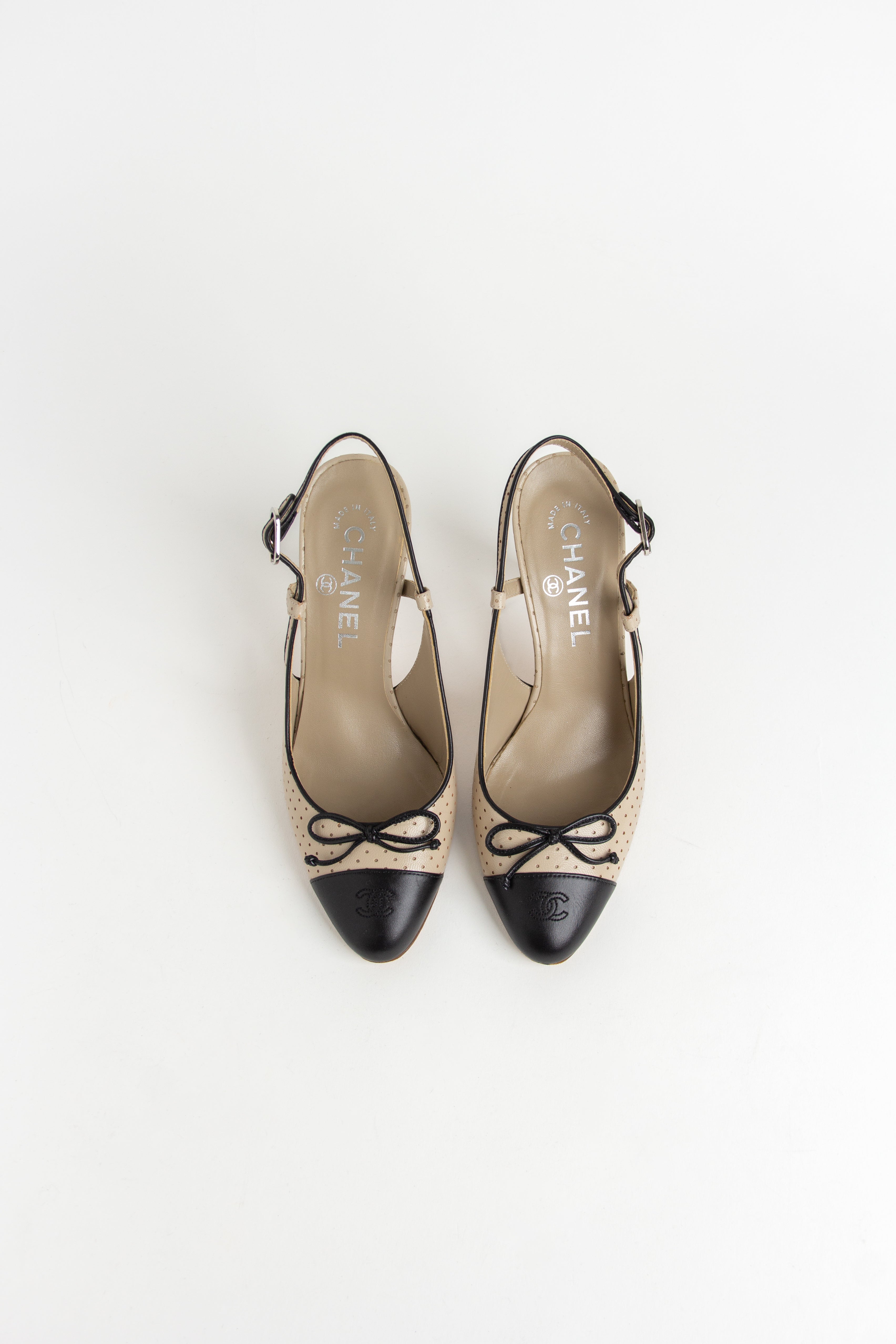 Chanel Beige + Black CC Bow Perforated Slingback Heels (IT 36)