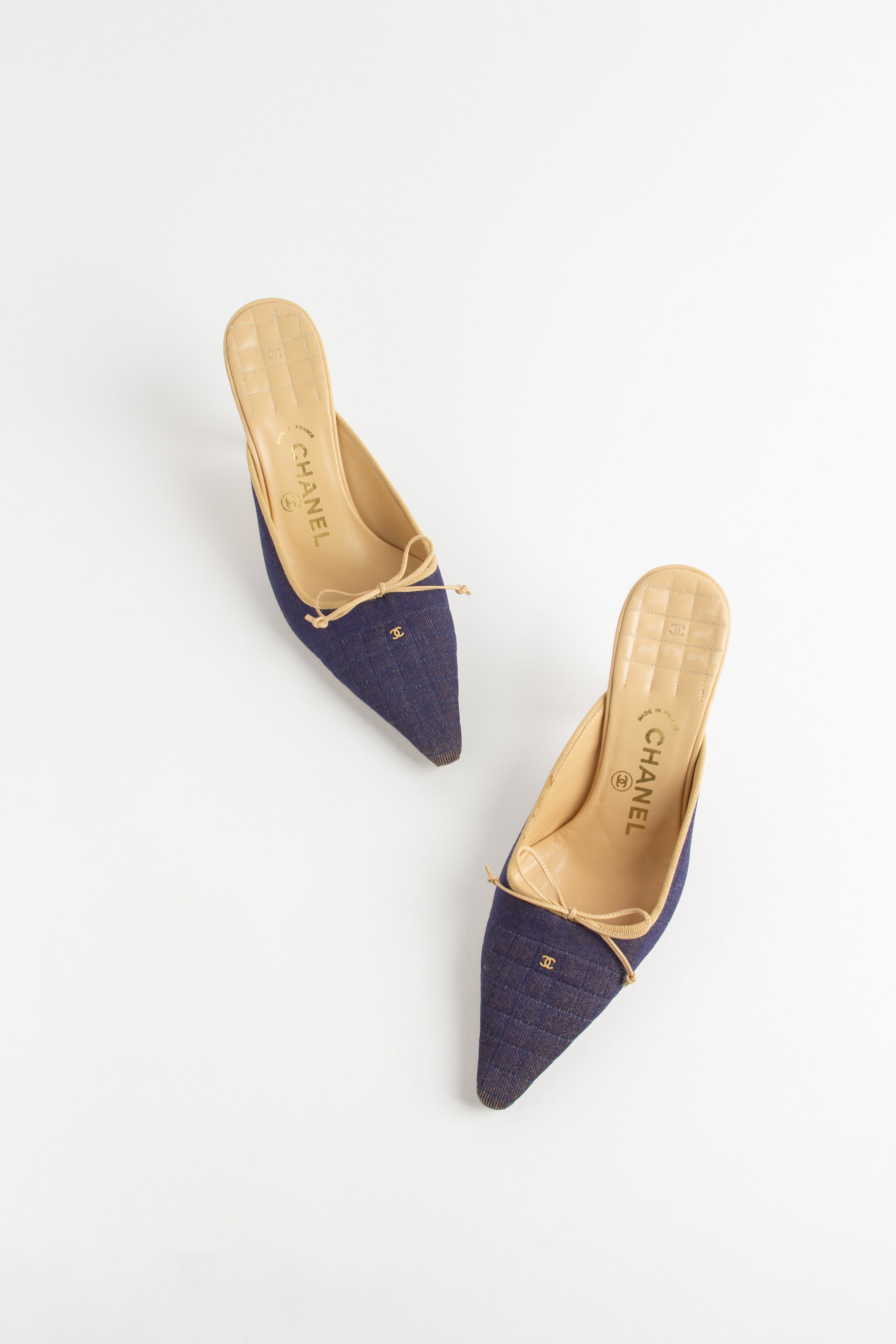 Chanel Blue + Beige Quilted CC Mules (FR 37.5)