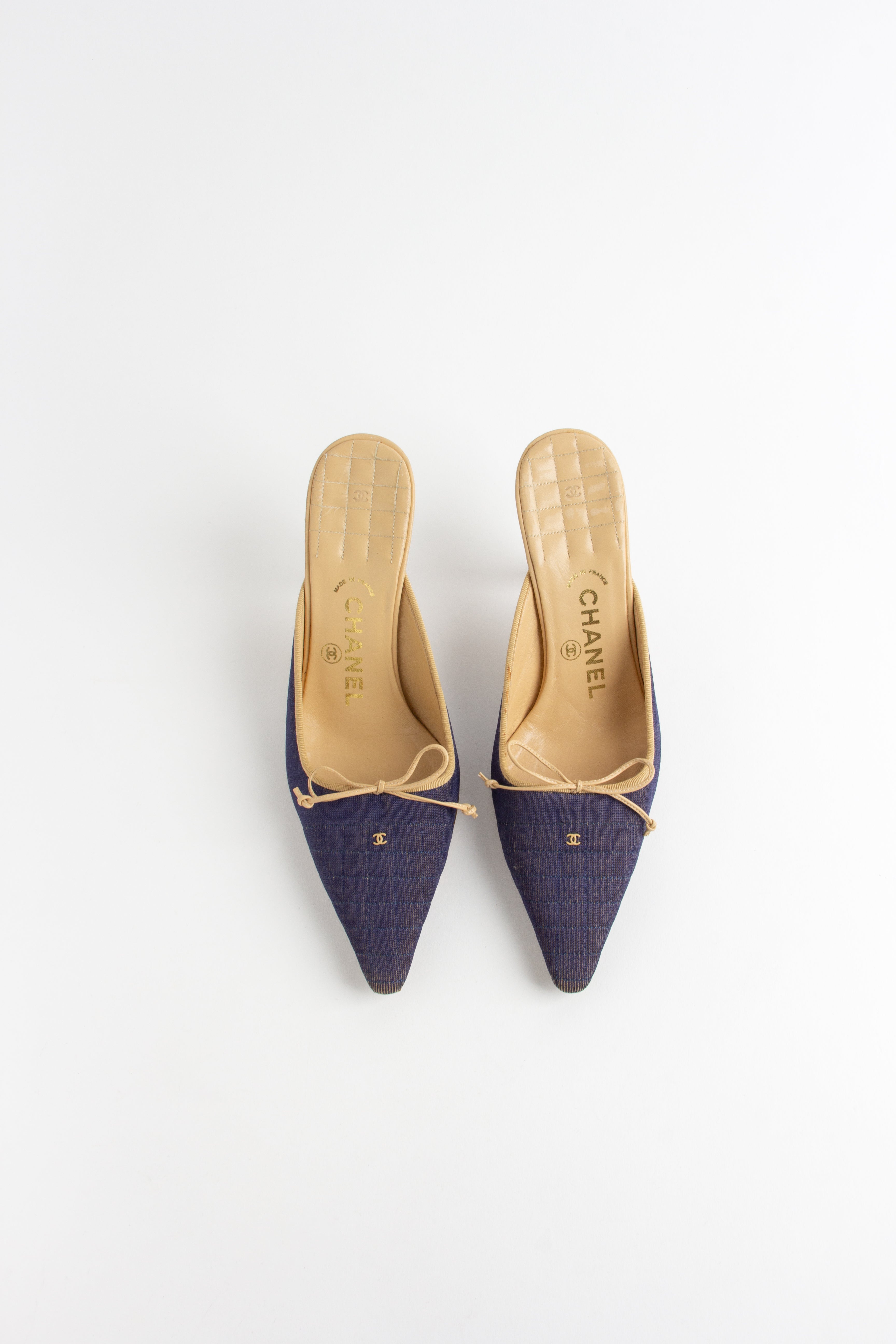 Chanel Blue + Beige Quilted CC Mules (FR 37.5)