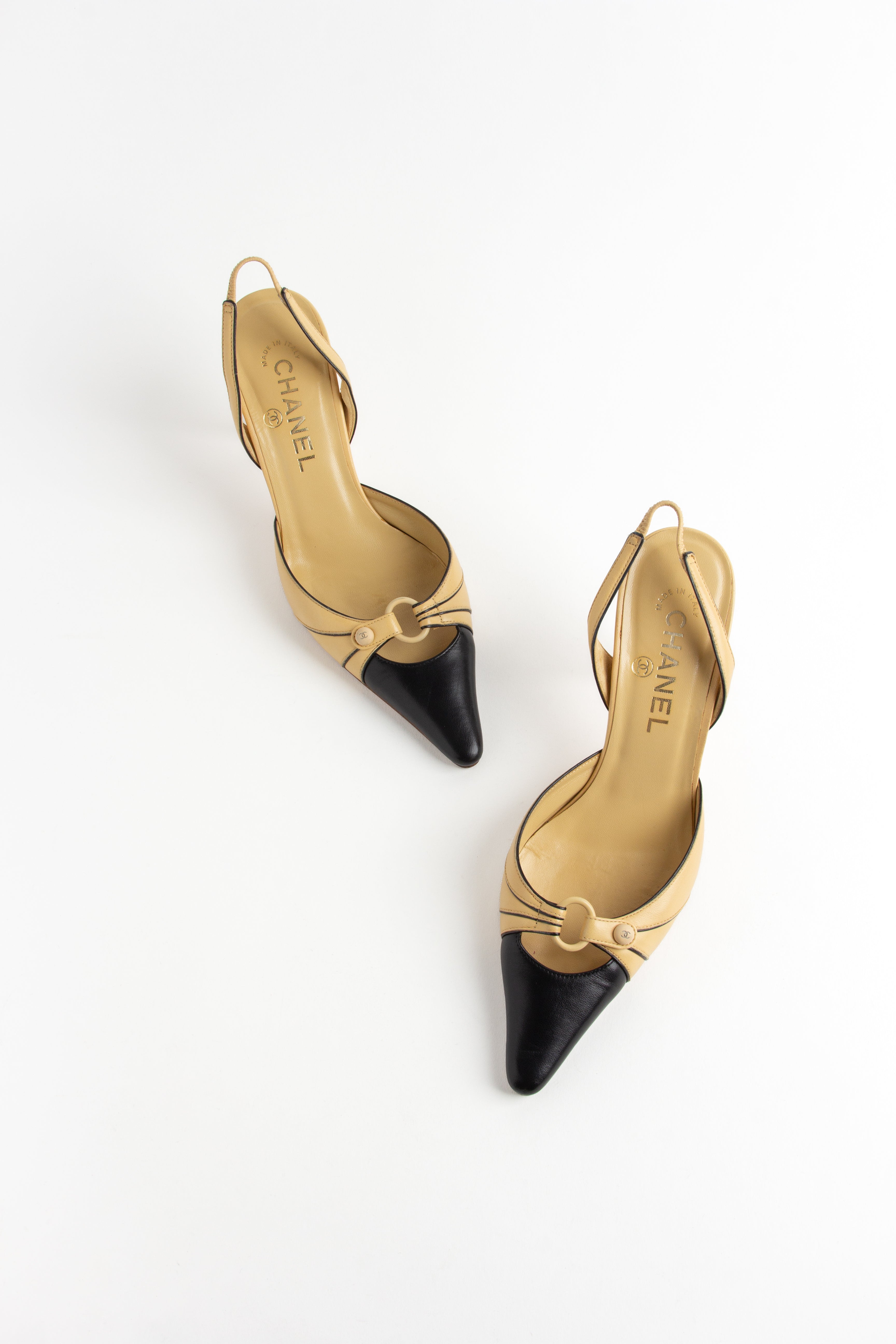 Chanel Beige + Black Cut Out Slingback Heels (IT 36.5)
