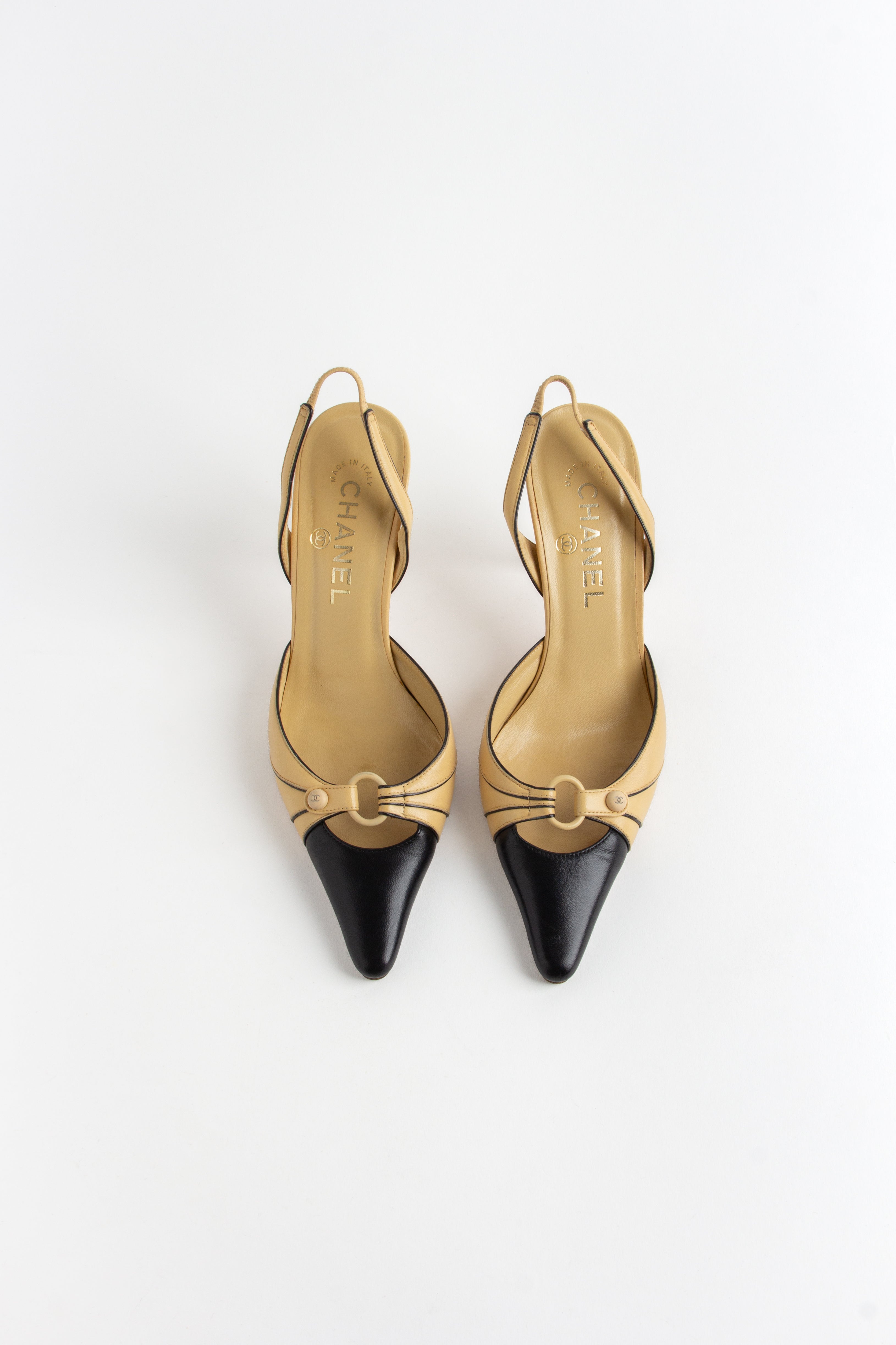 Chanel Beige + Black Cut Out Slingback Heels (IT 36.5)