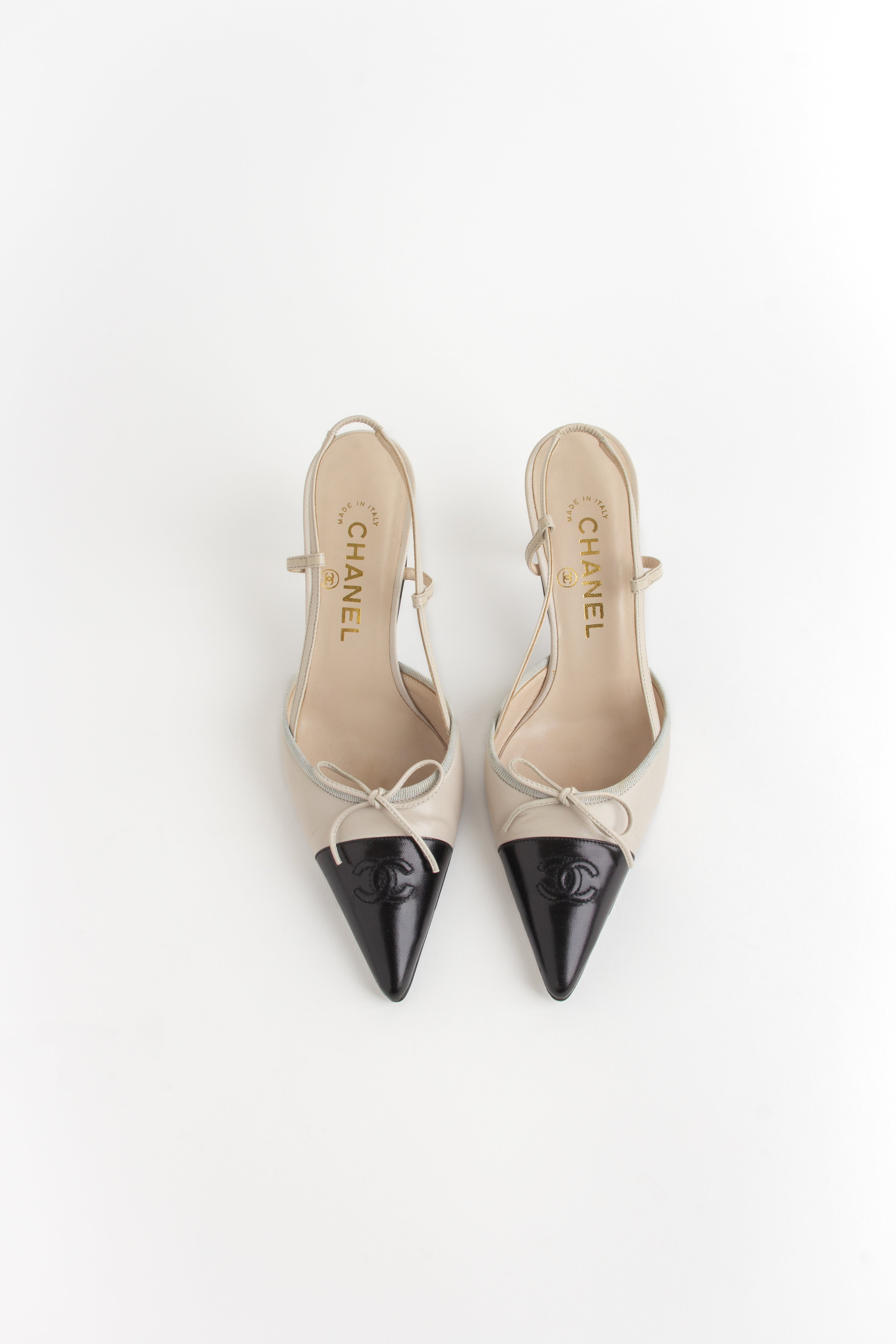 Rare Chanel Light Beige + Black CC Bow Slingback Heels (IT 37)