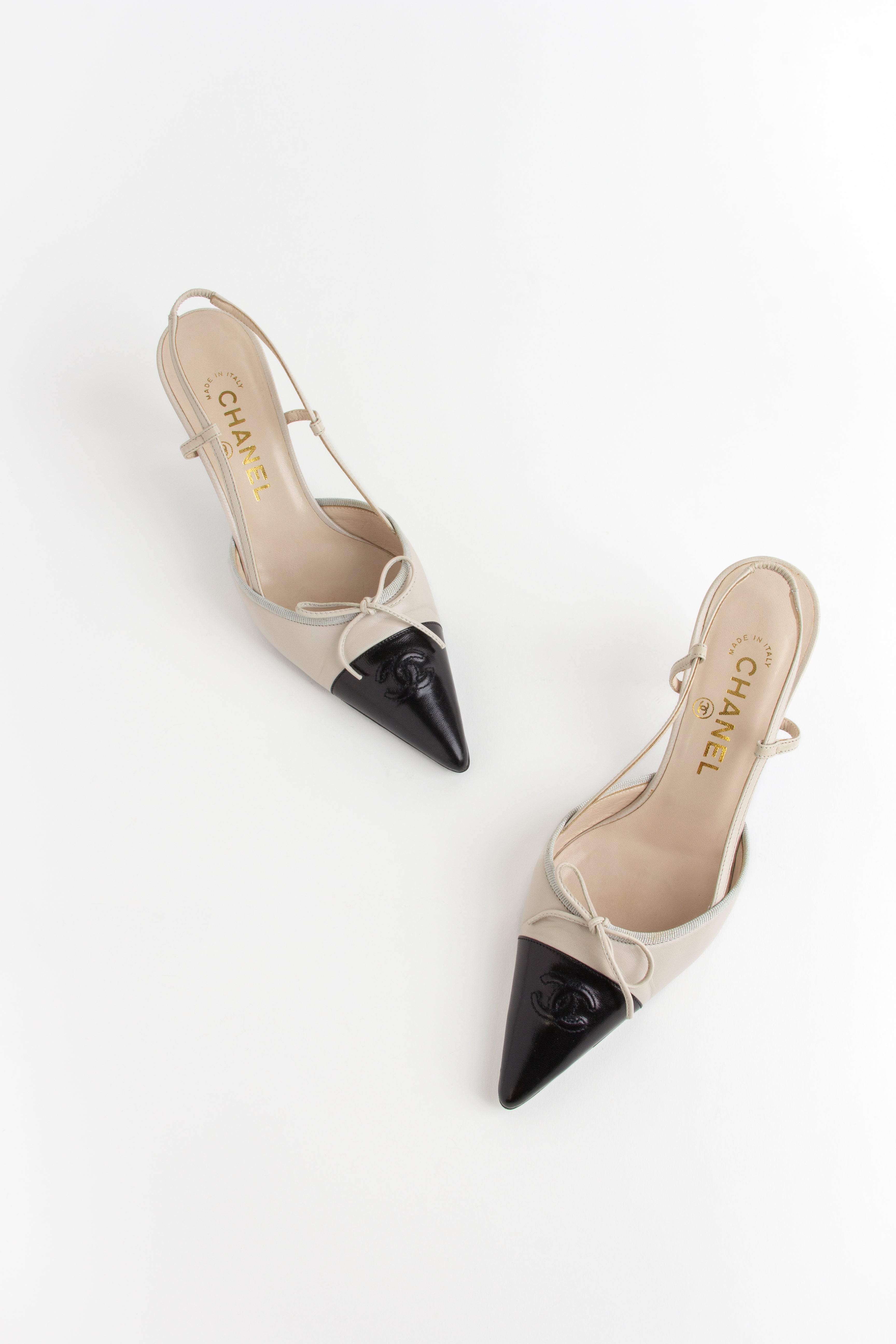 Rare Chanel Light Beige + Black CC Bow Slingback Heels (IT 37)