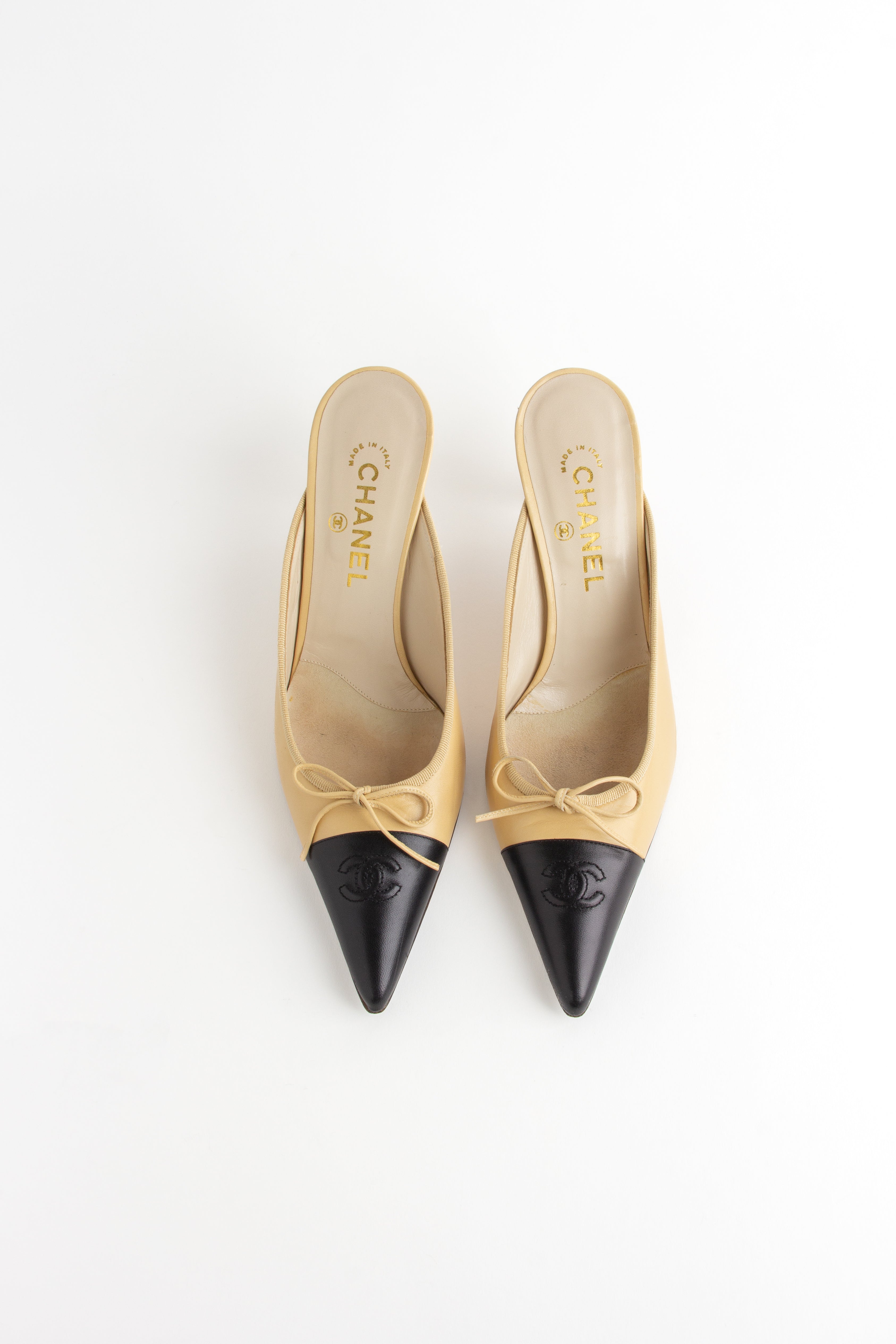 Chanel Beige + Black CC Bow Mules (IT 41)