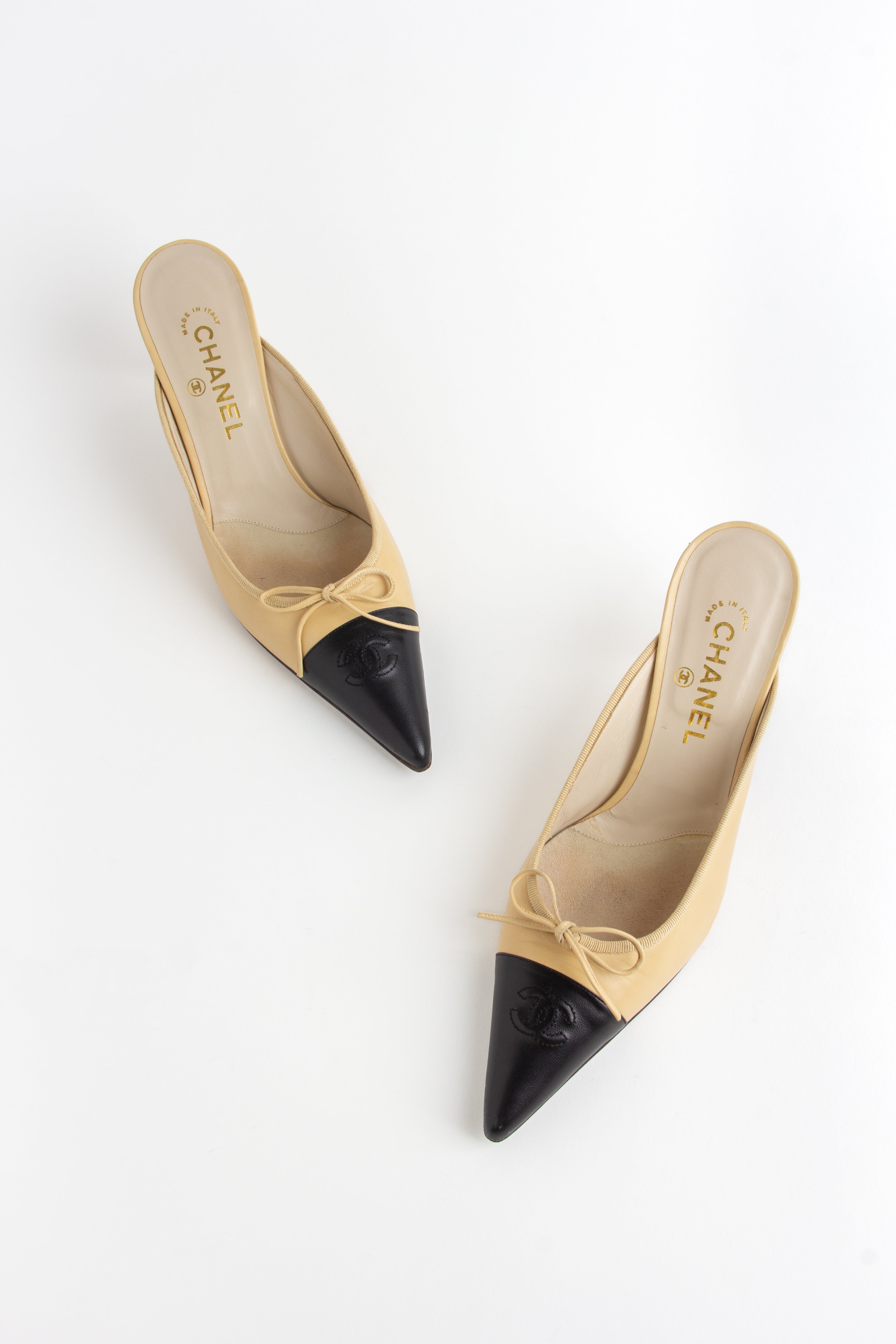 Chanel Beige + Black CC Bow Mules (IT 41)