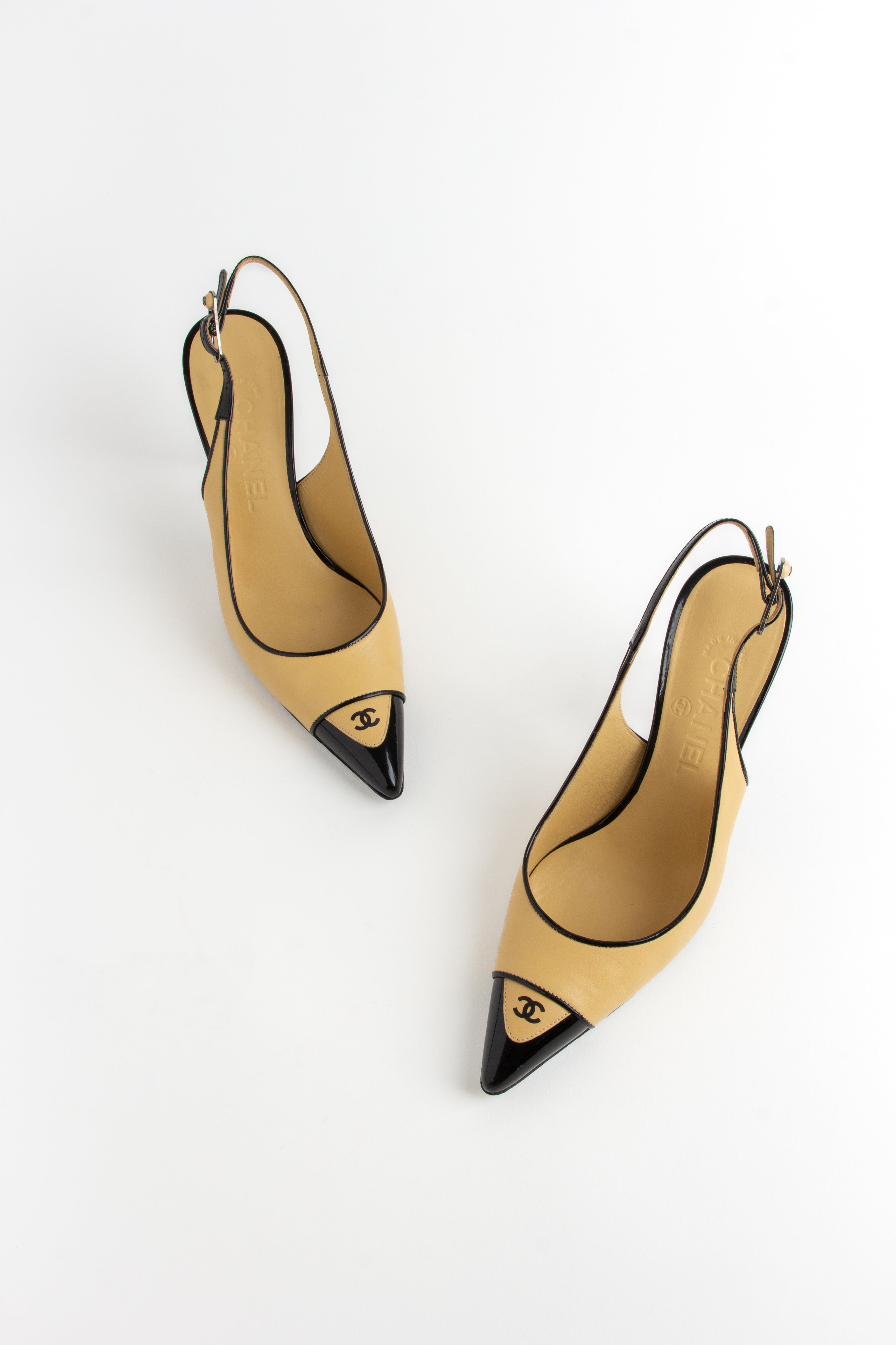Rare Chanel Beige + Black CC Logo Slingback Heels (IT 36.5)