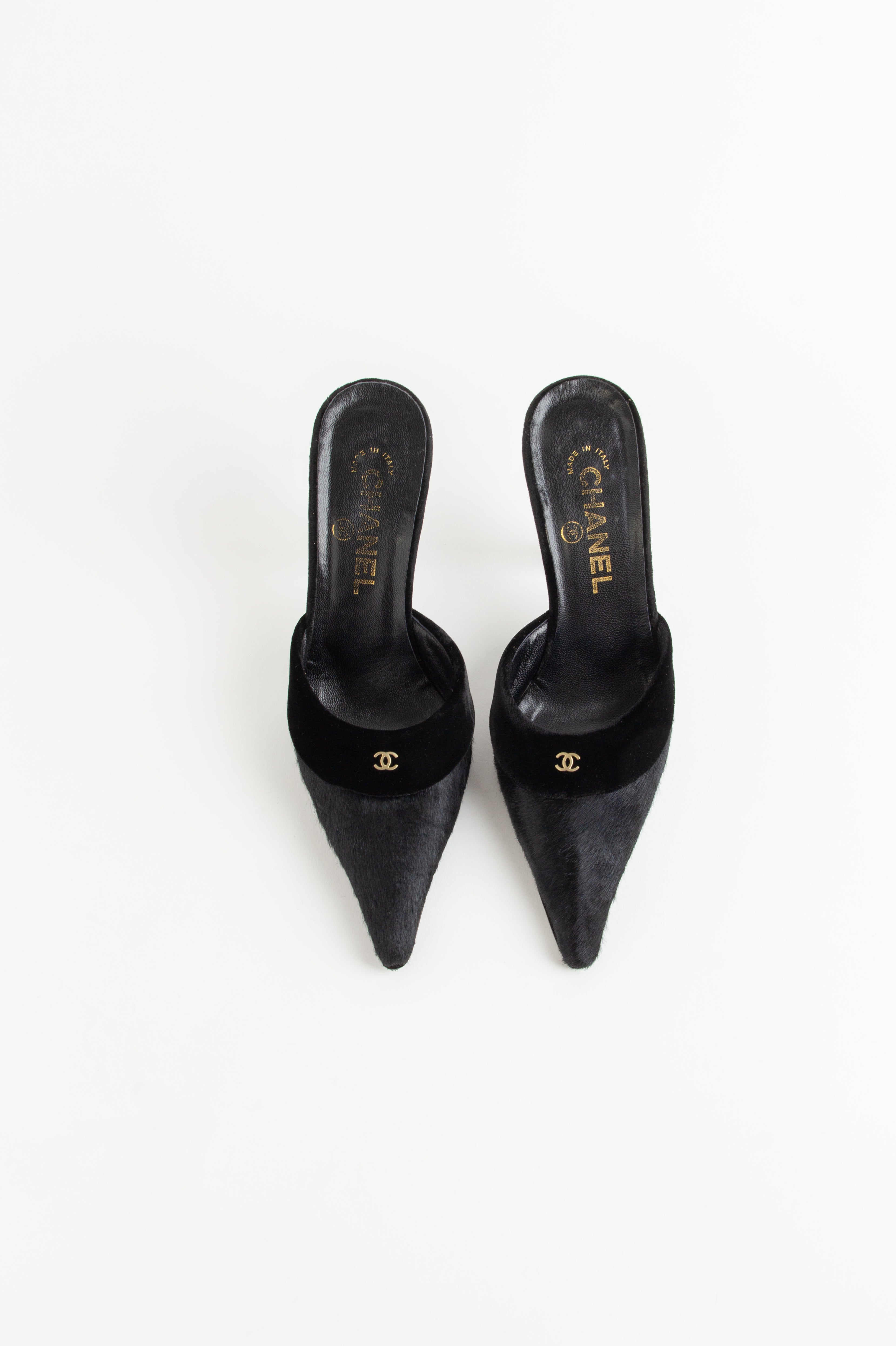 Chanel Black Velvet Pony Hair CC Mules (IT 37)