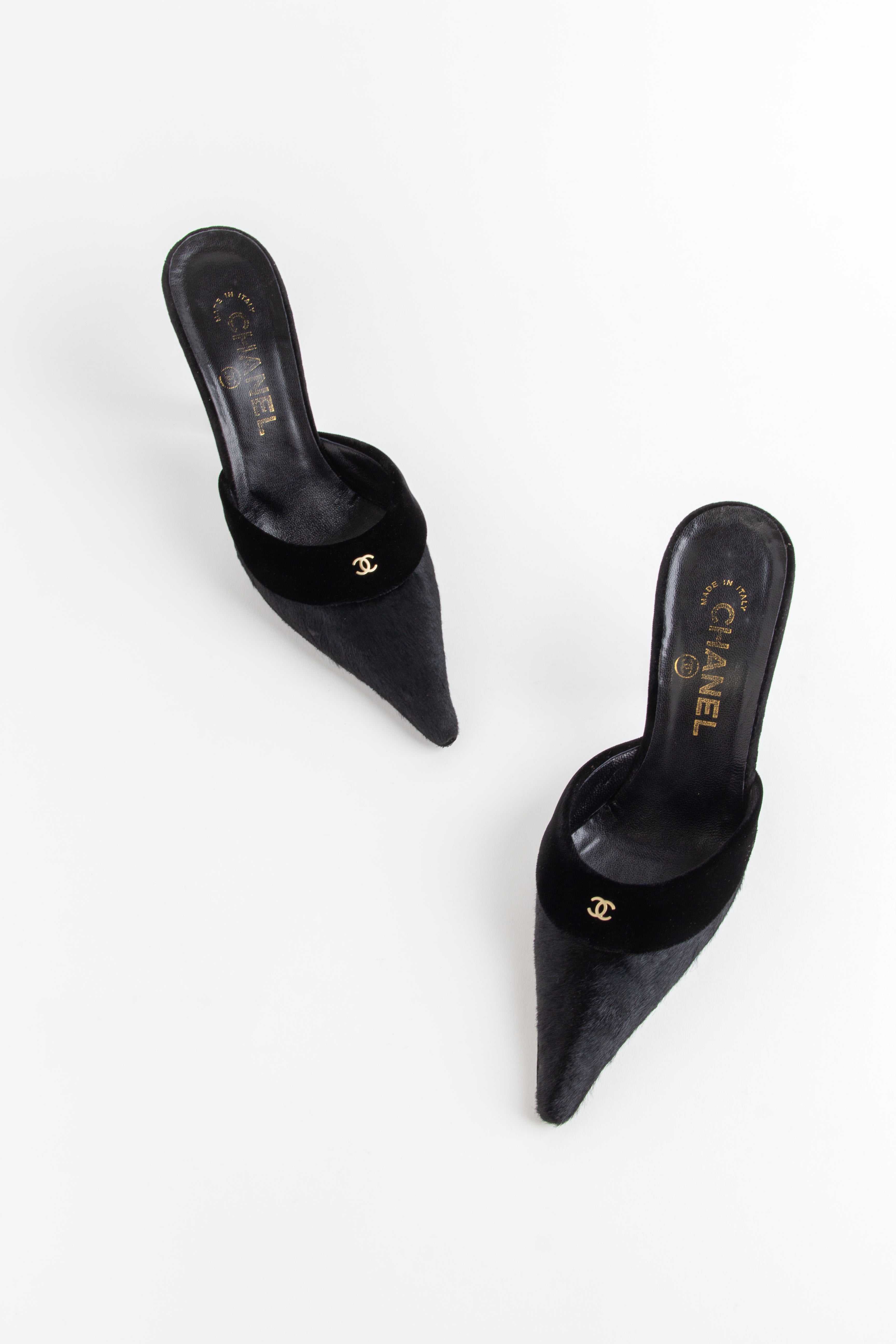 Chanel Black Velvet Pony Hair CC Mules (IT 37)