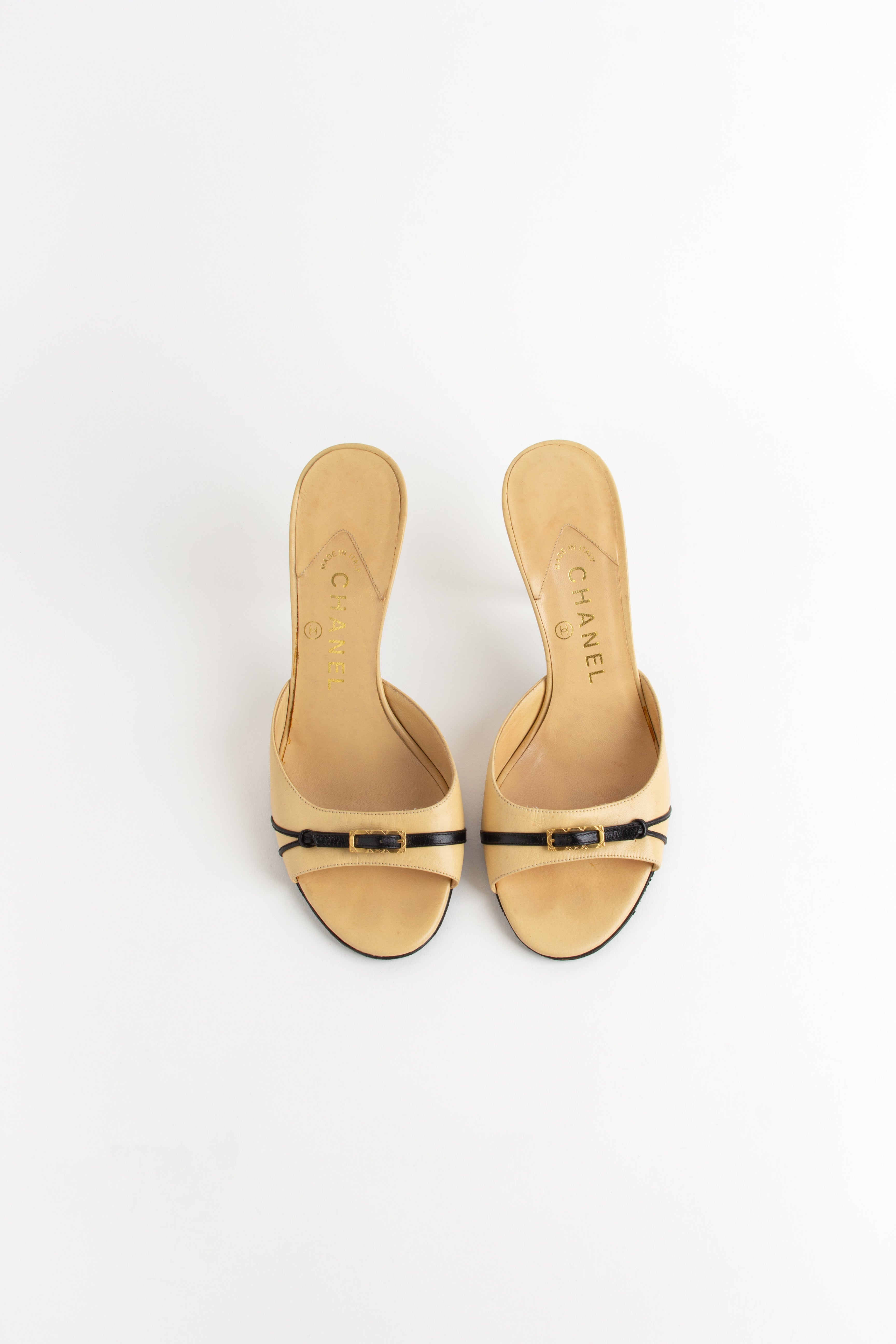 Chanel Beige Buckle Open Toe Heels (IT 38)