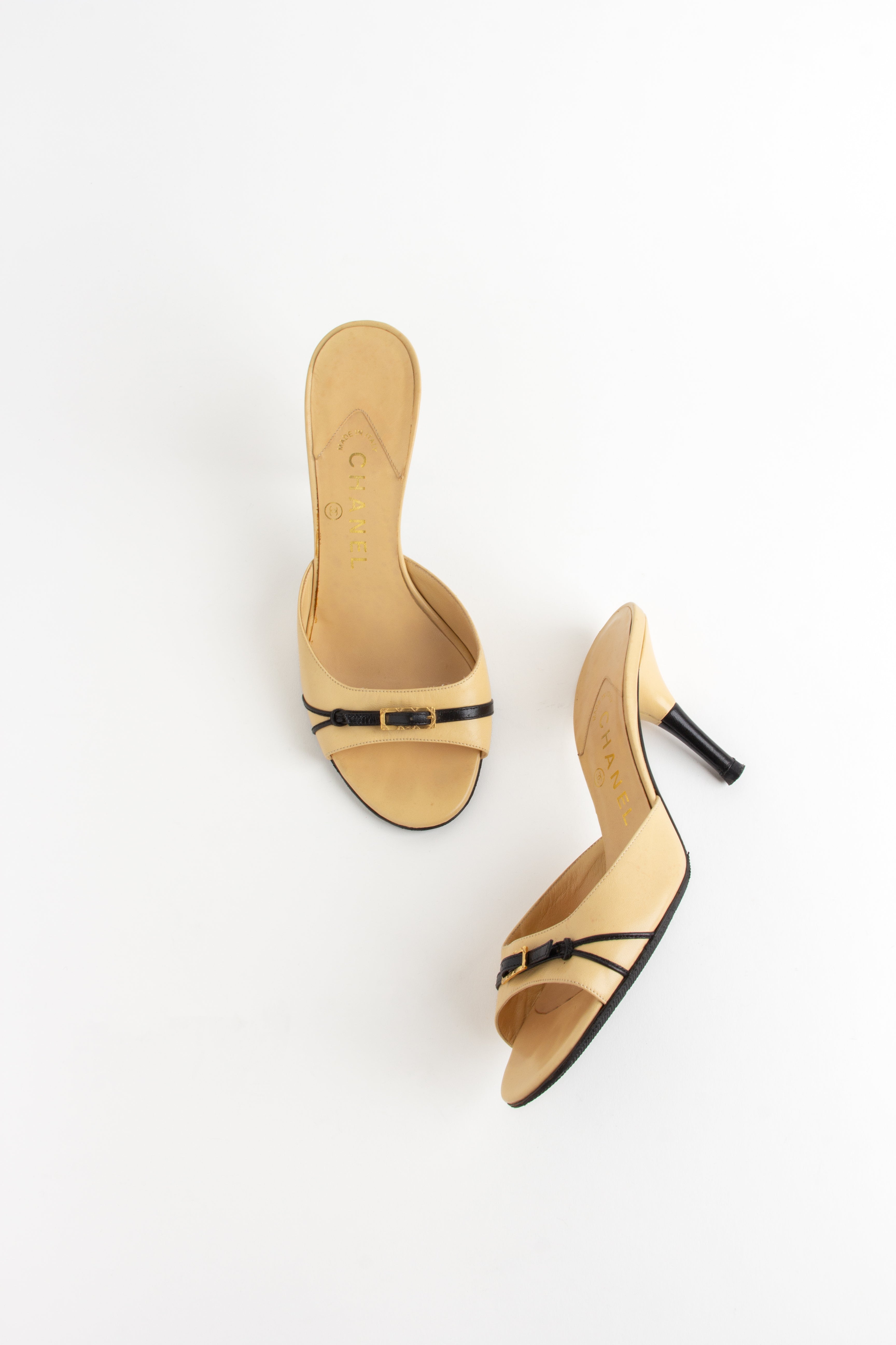 Chanel Beige Buckle Open Toe Heels (IT 38)