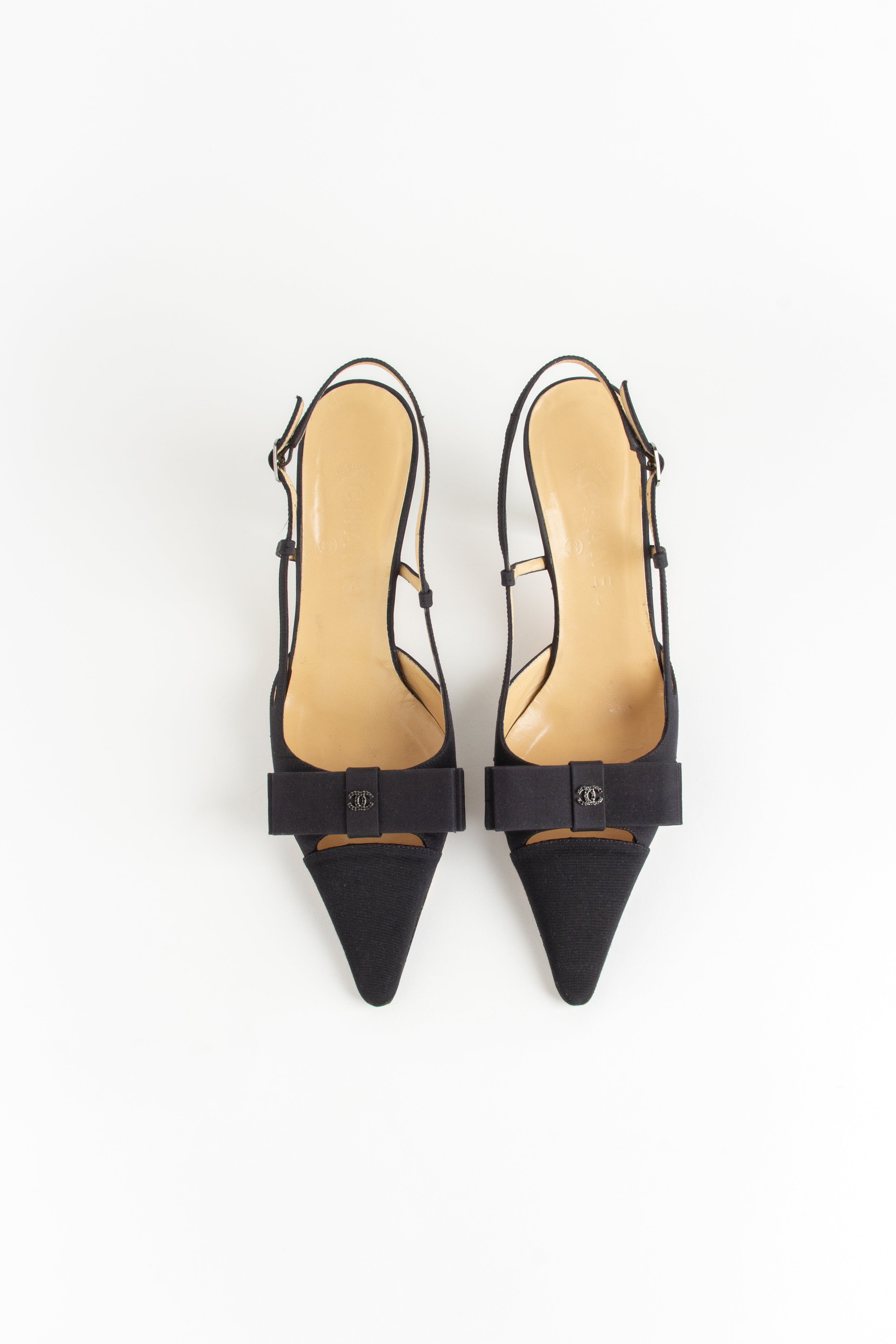 Chanel Black Satin CC Bow Slingback Heels (IT 40)