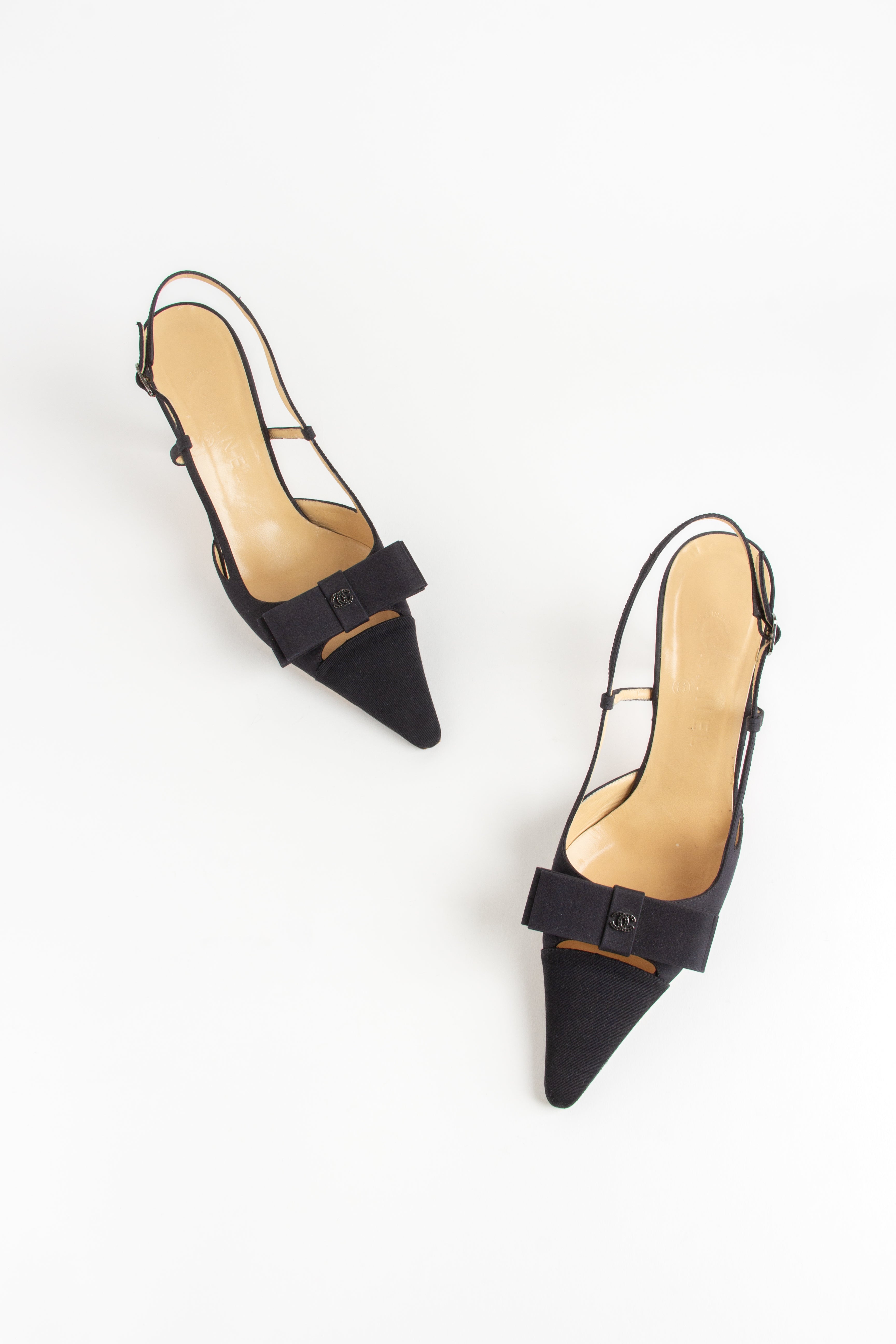 Chanel Black Satin CC Bow Slingback Heels (IT 40)