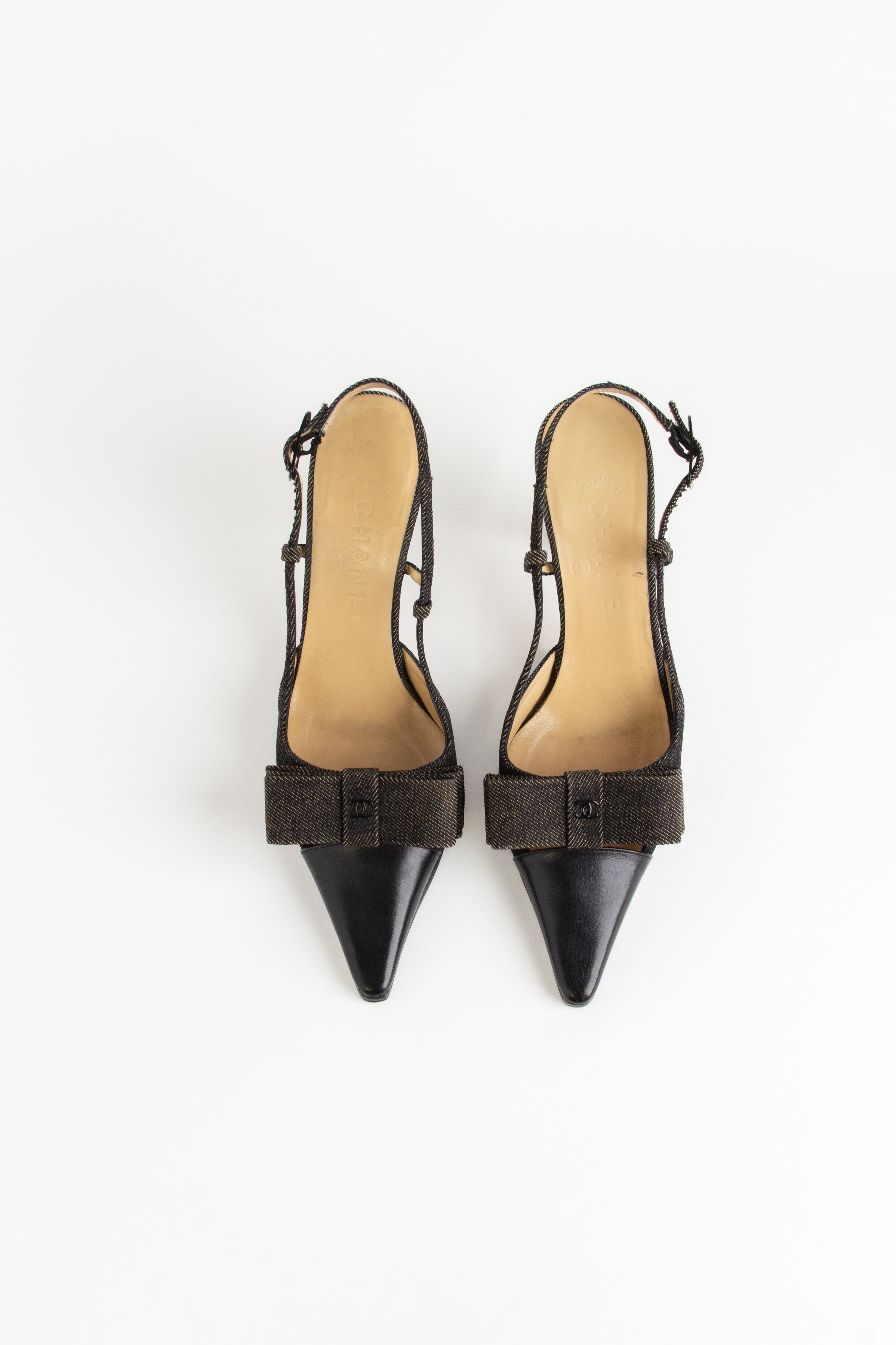 Chanel Black Denim CC Bow Slingback Heels (IT 36.5)
