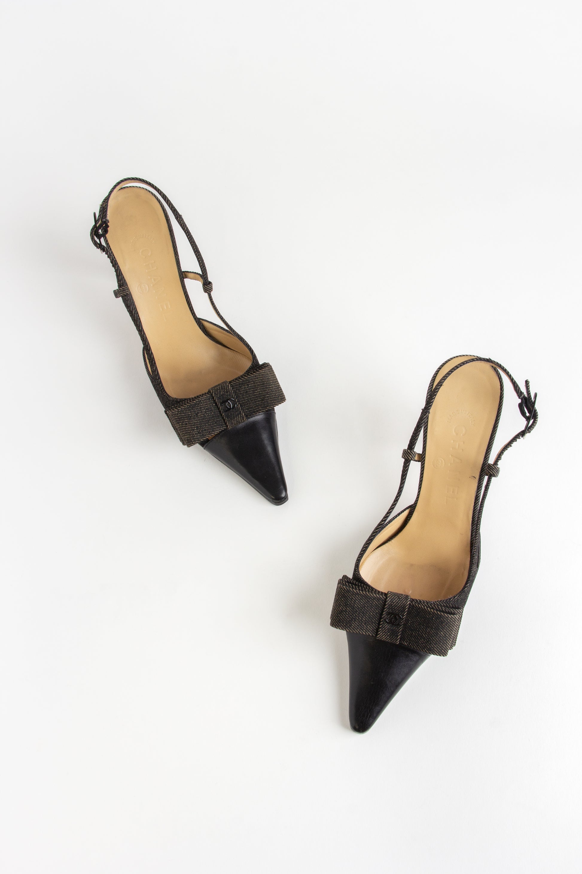 Chanel Black Denim CC Bow Slingback Heels (IT 36.5)