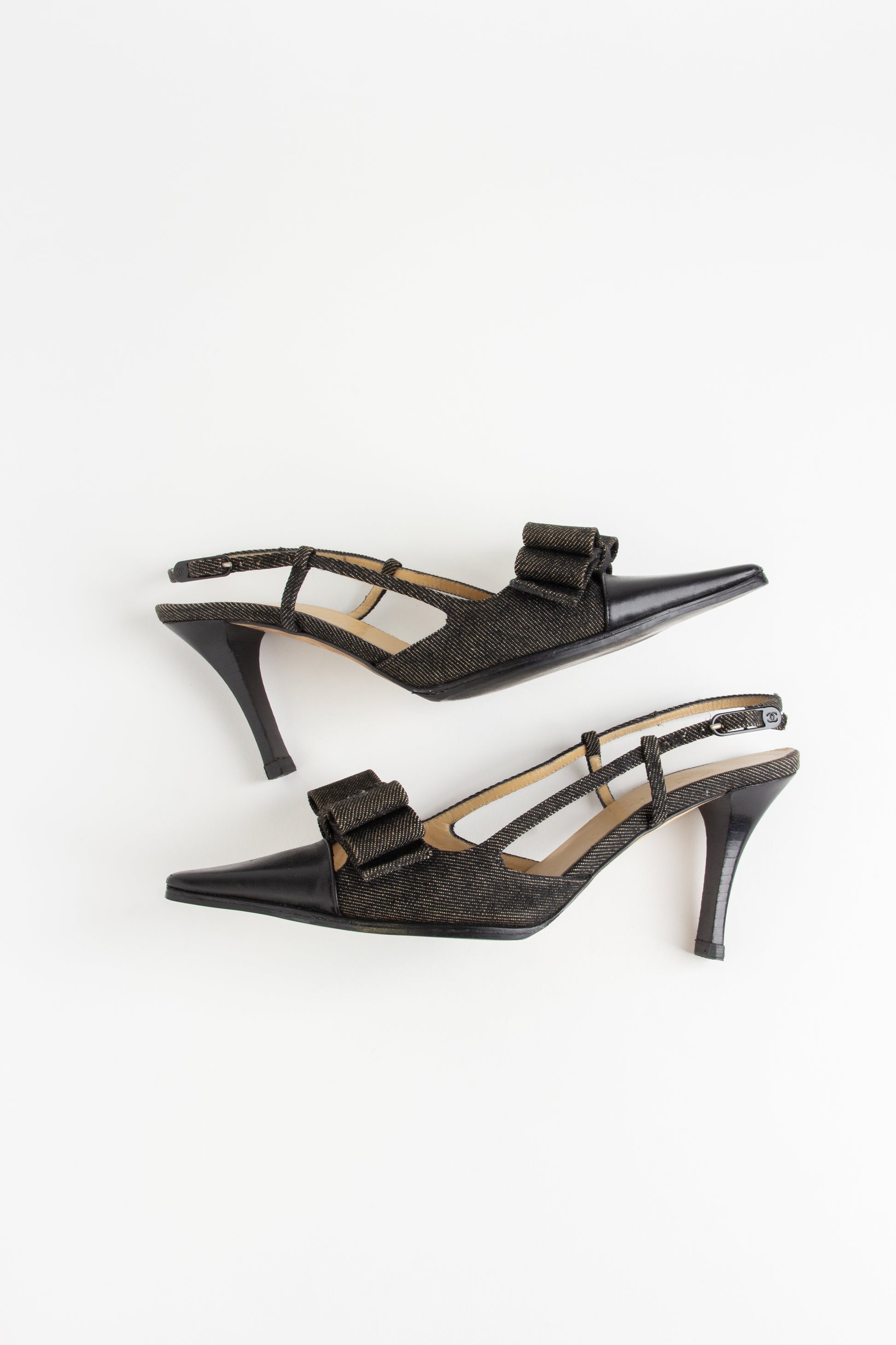 Chanel Black Denim CC Bow Slingback Heels (IT 36.5)