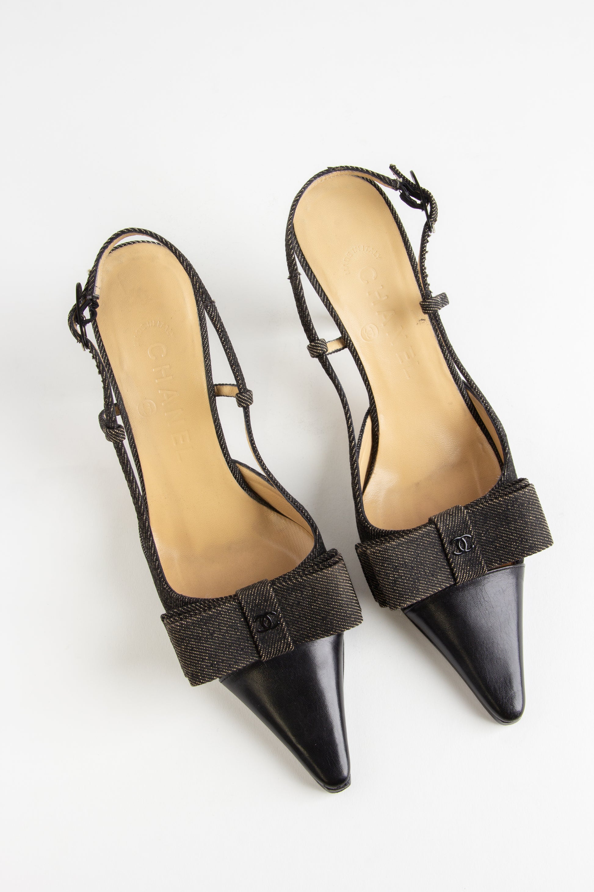 Chanel Black Denim CC Bow Slingback Heels (IT 36.5)