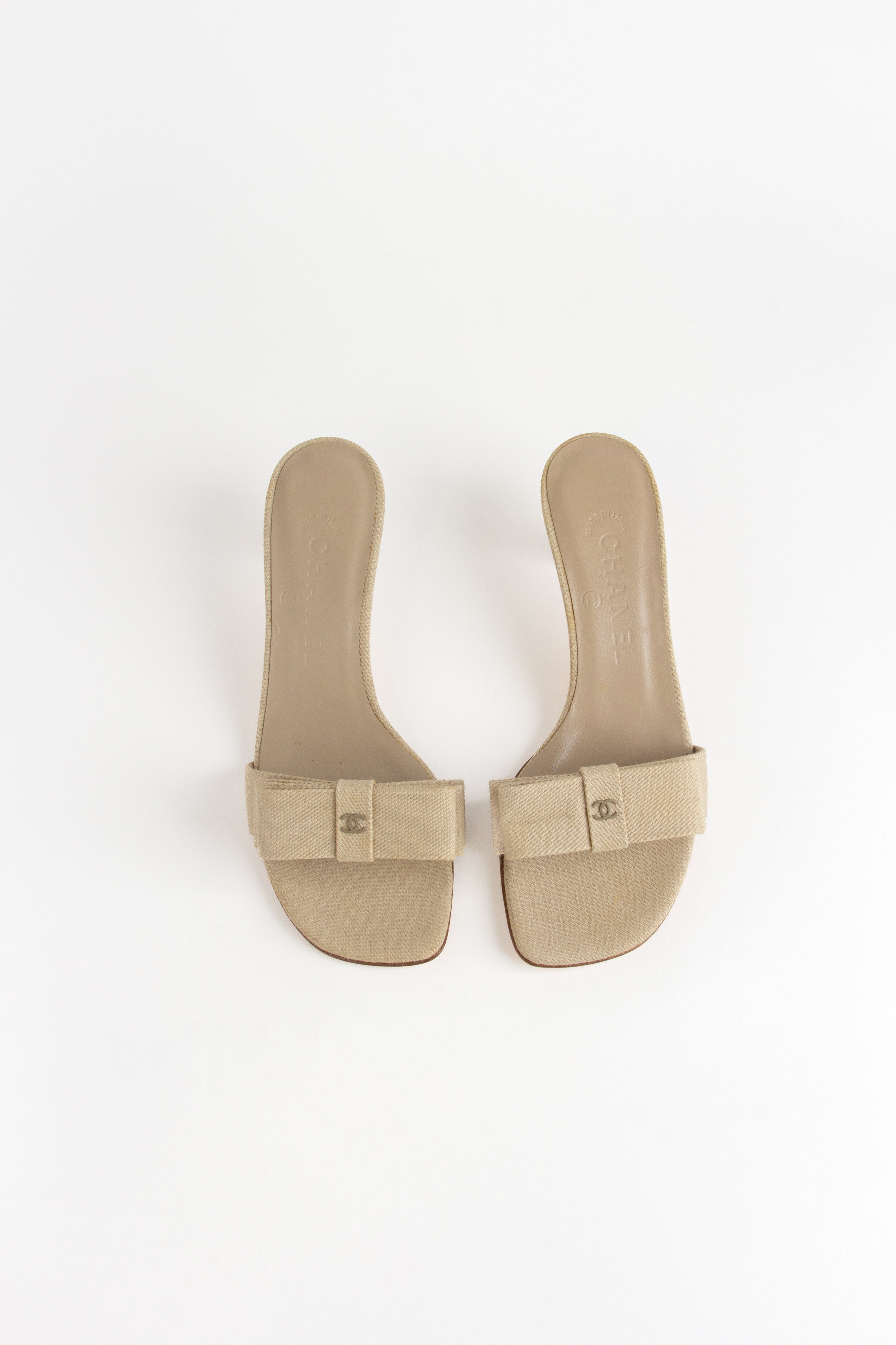 Chanel Beige Canvas CC Bow Open Toe Heels (IT 36)