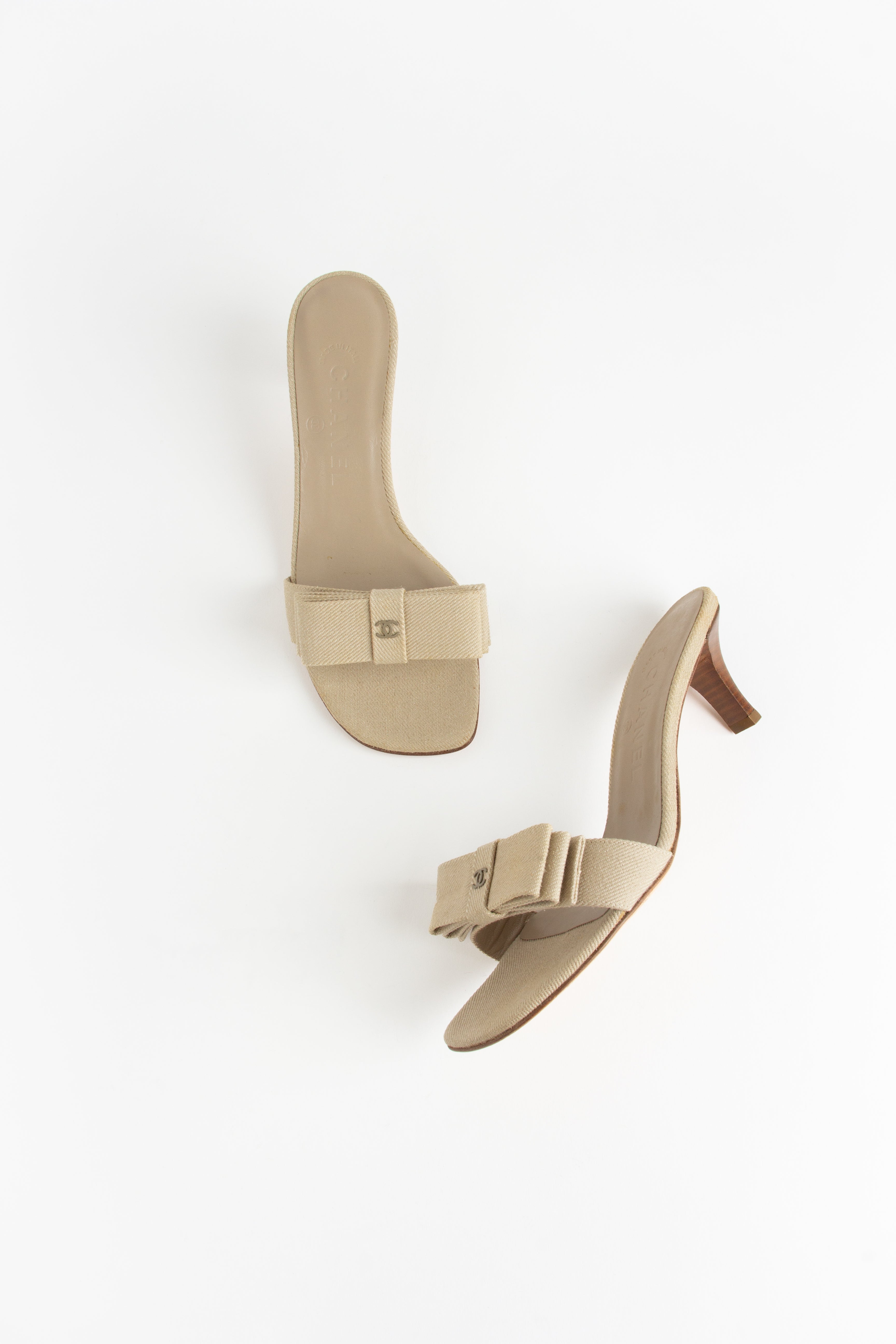 Chanel Beige Canvas CC Bow Open Toe Heels (IT 36)