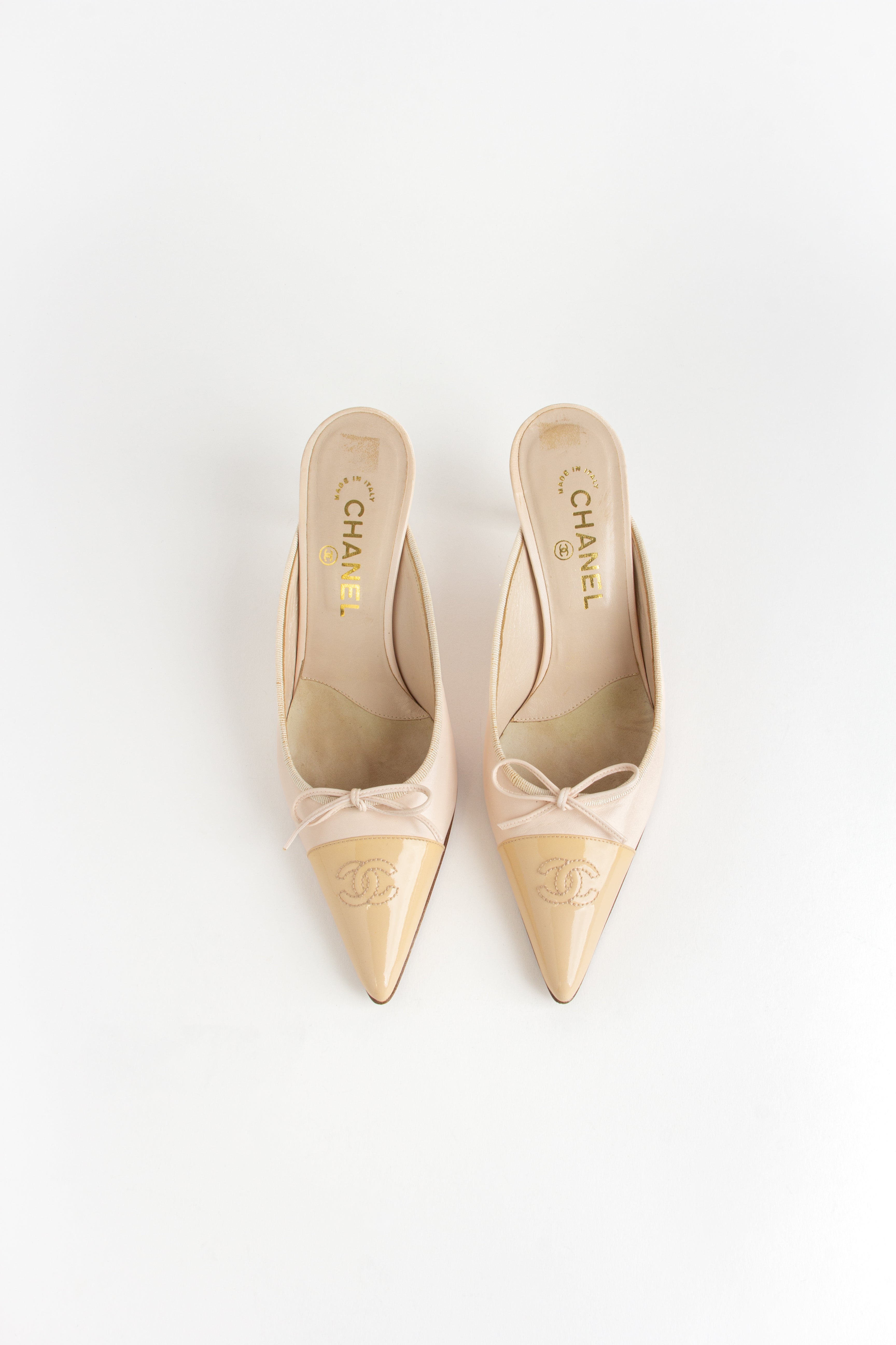 Chanel Light Pink + Beige CC Bow Mules (IT 38.5)