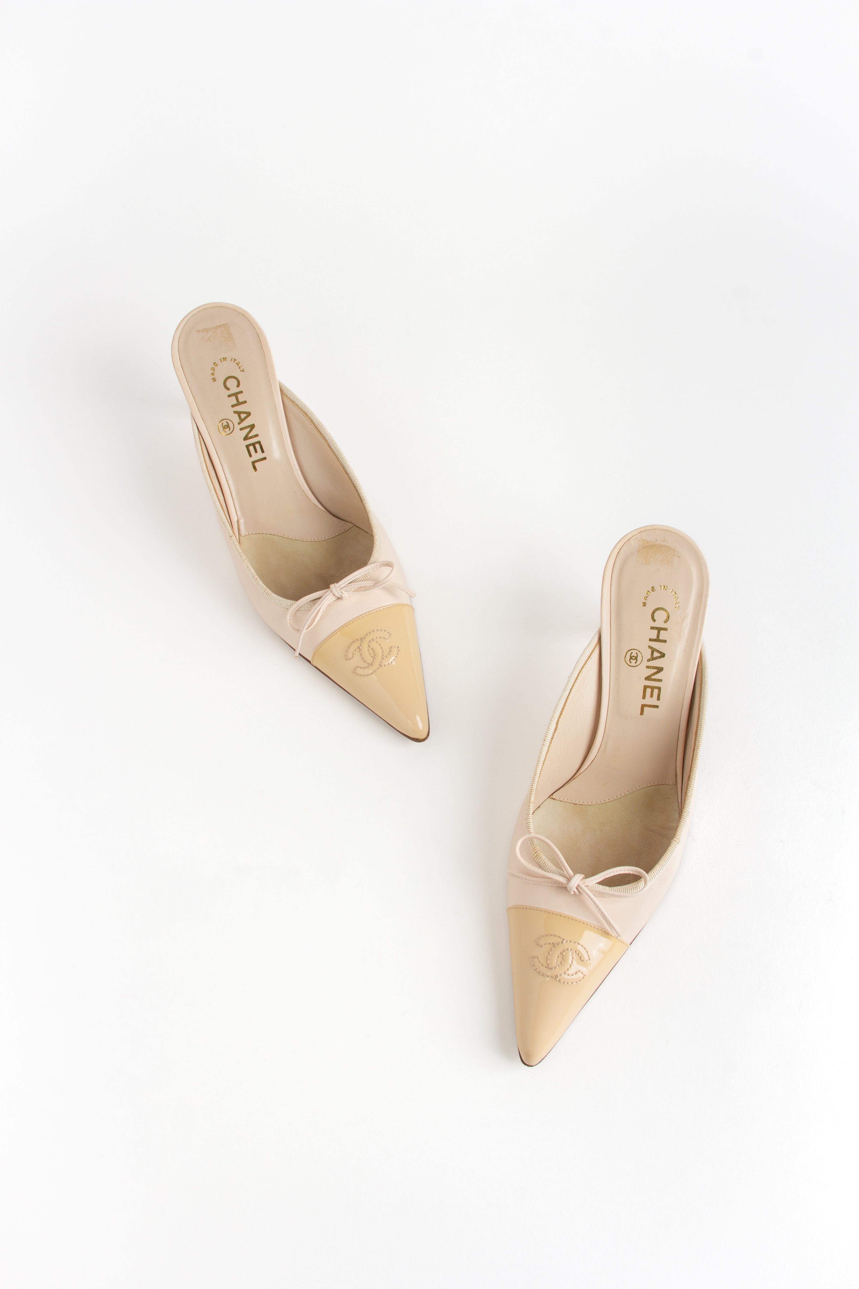 Chanel Light Pink + Beige CC Bow Mules (IT 38.5)