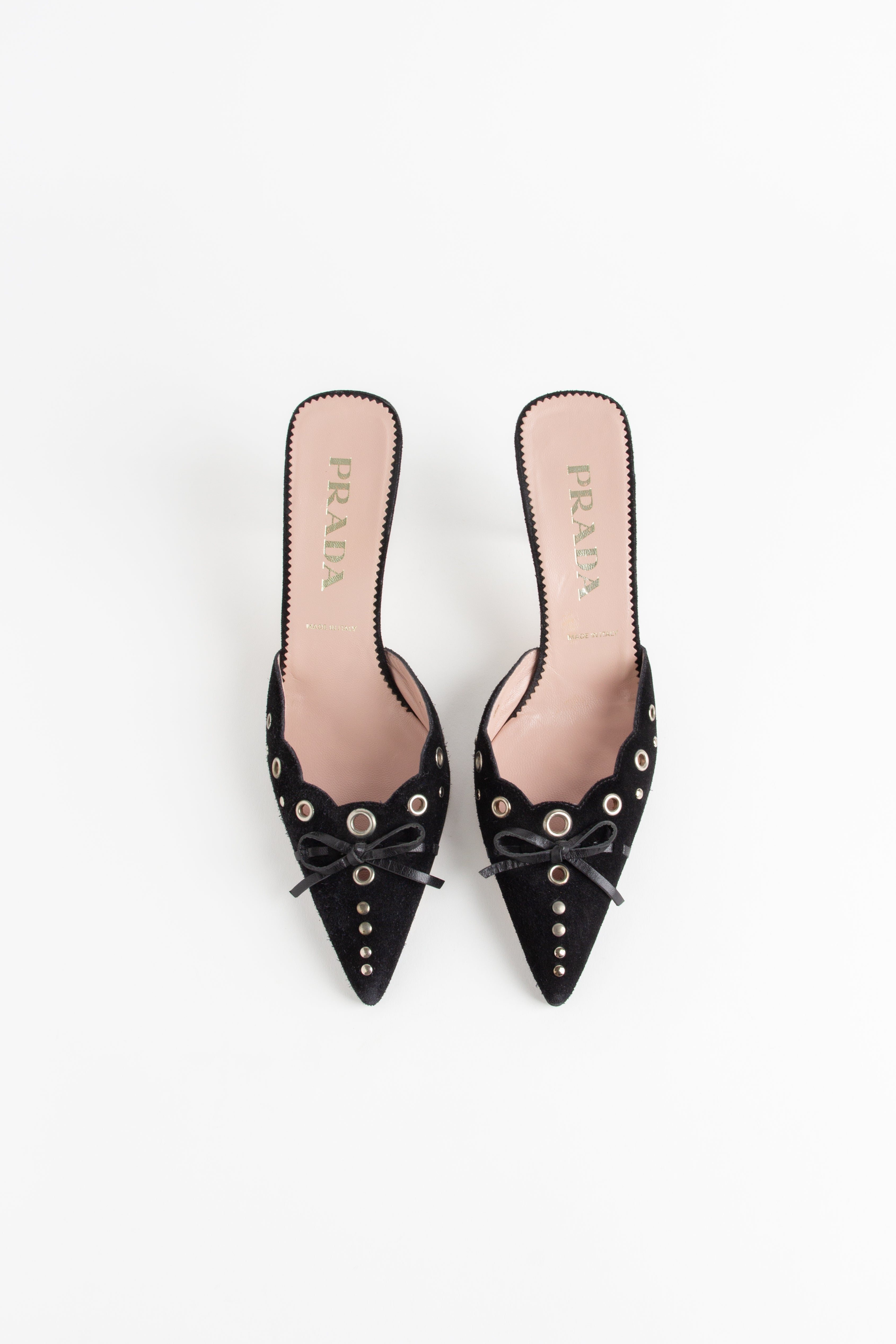 Prada Black Suede Grommet Mules (IT 36.5)