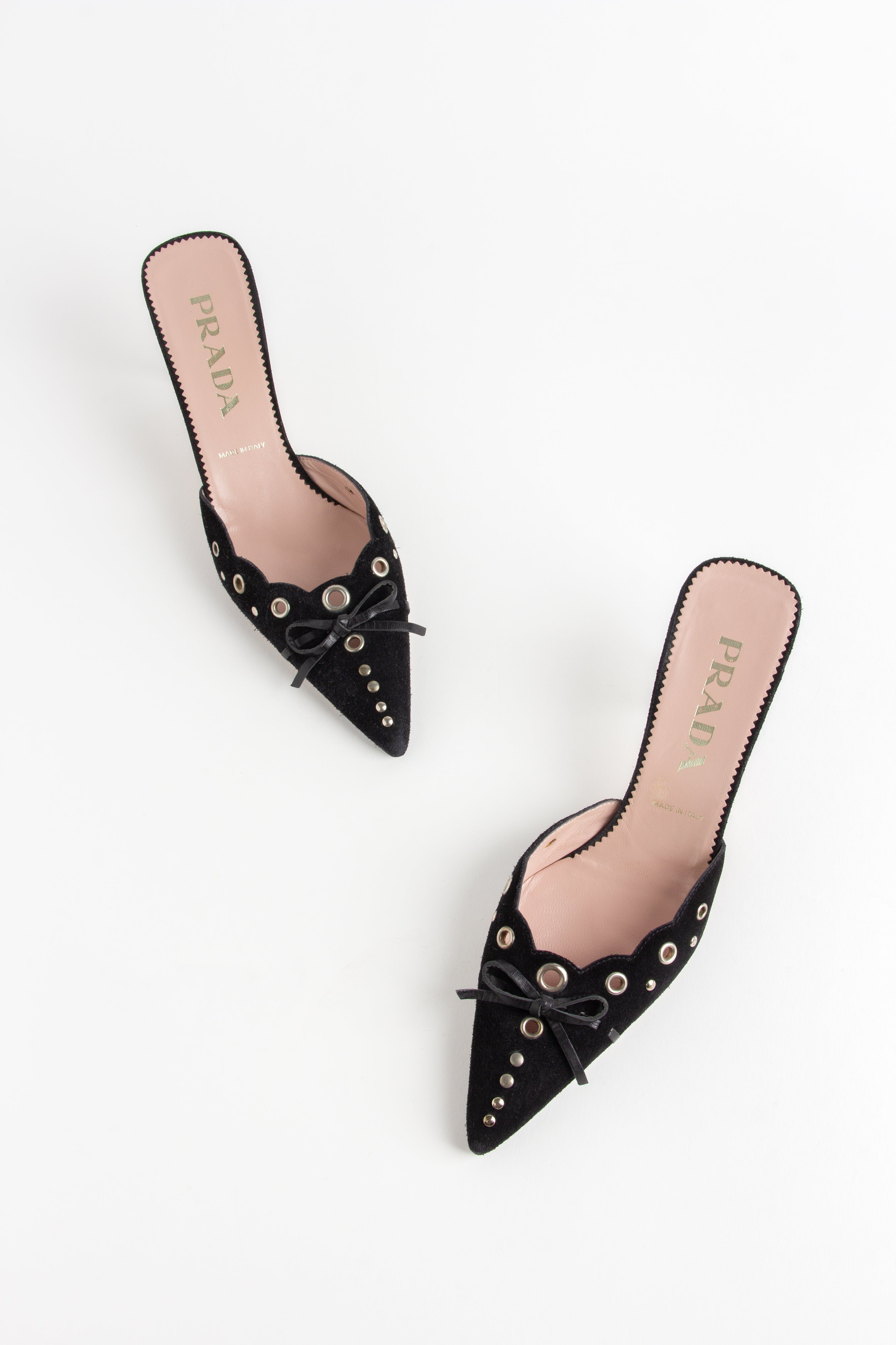 Prada Black Suede Grommet Mules (IT 36.5)