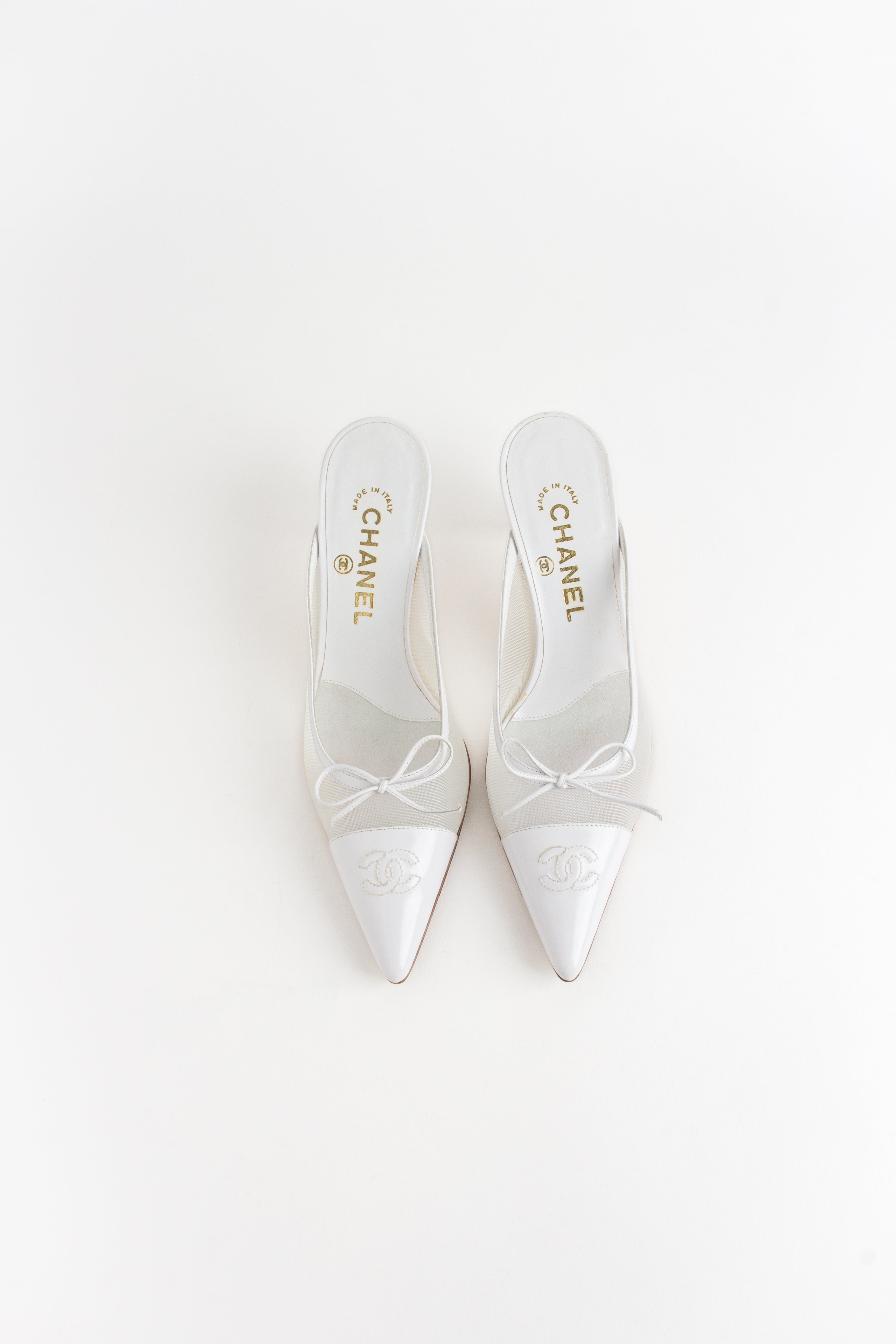 Chanel White Mesh Bow Mules (IT 37.5)
